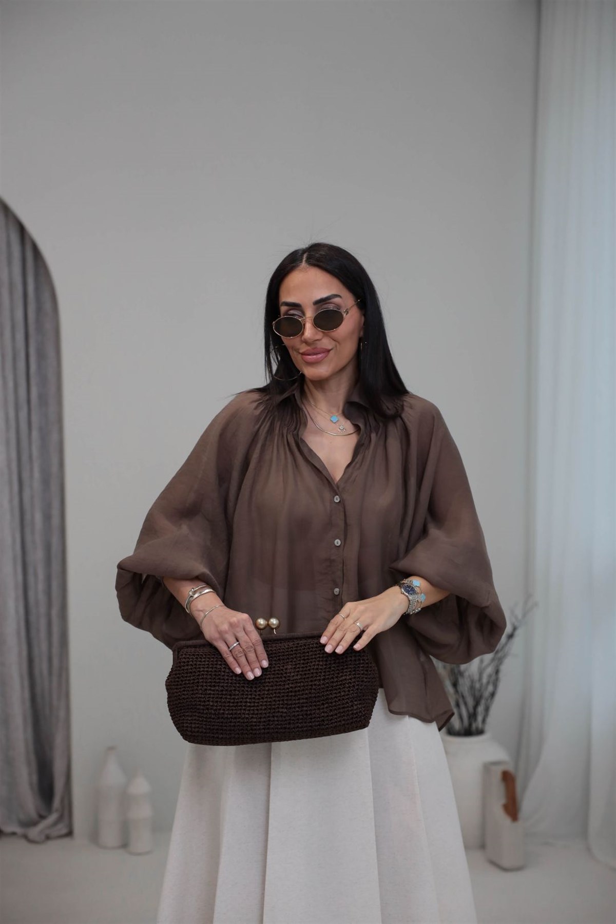 5018 Büzgü Detaylı Tencel Gömlek KAHVE