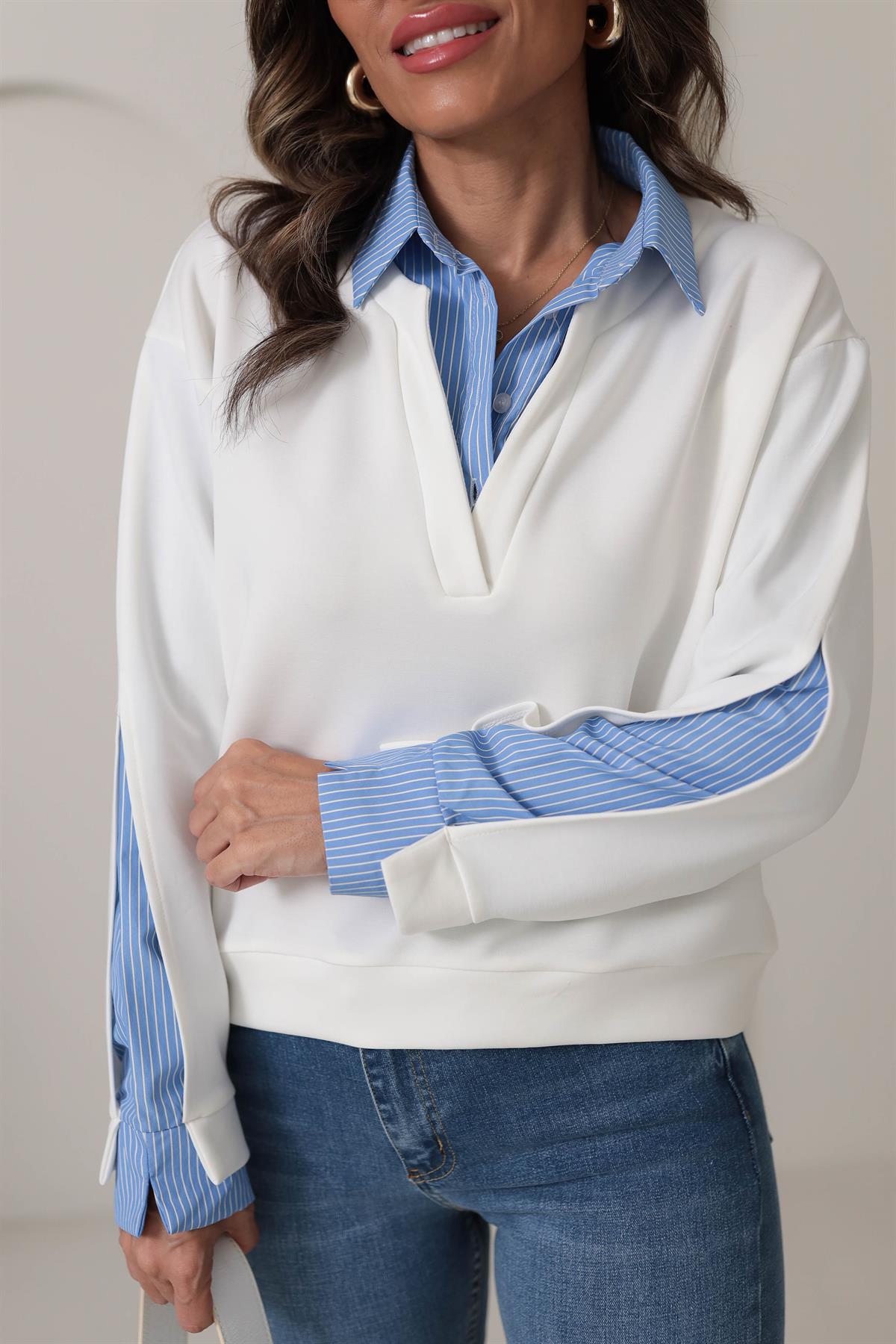 2900 Gömlek Yaka Mixli Poplin Modal Sweatshirt