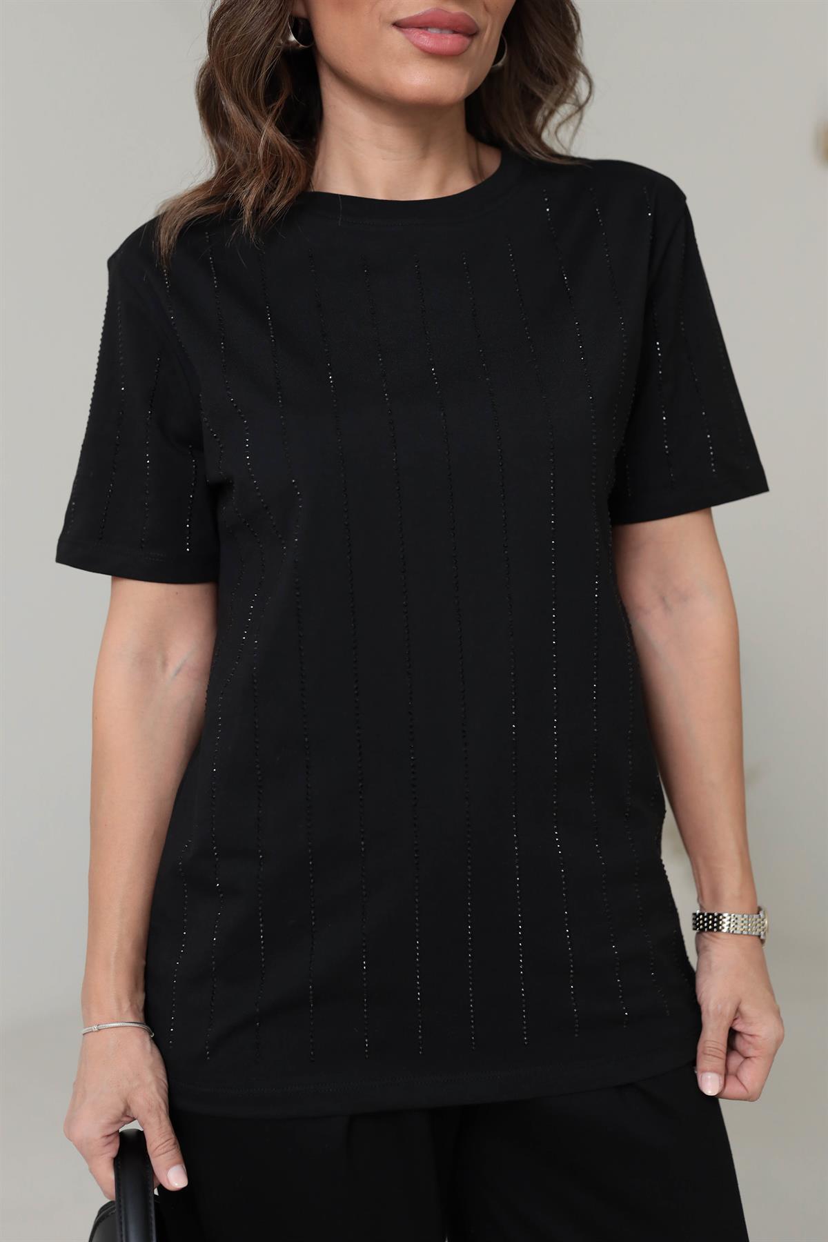 7103 Şerit Taşlı Pamuklu Tshirt SİYAH