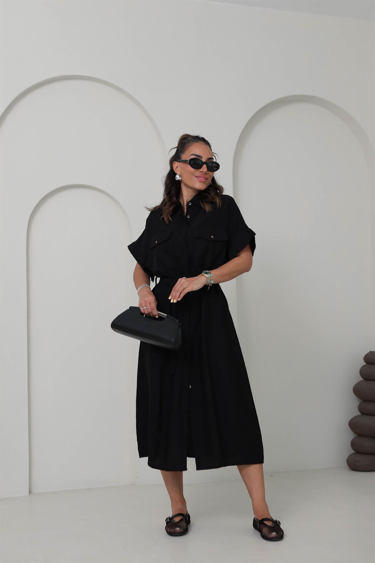 0236 Cep Kapaklı Kemerli Kısa Kol Gömlek Elbise SİYAH