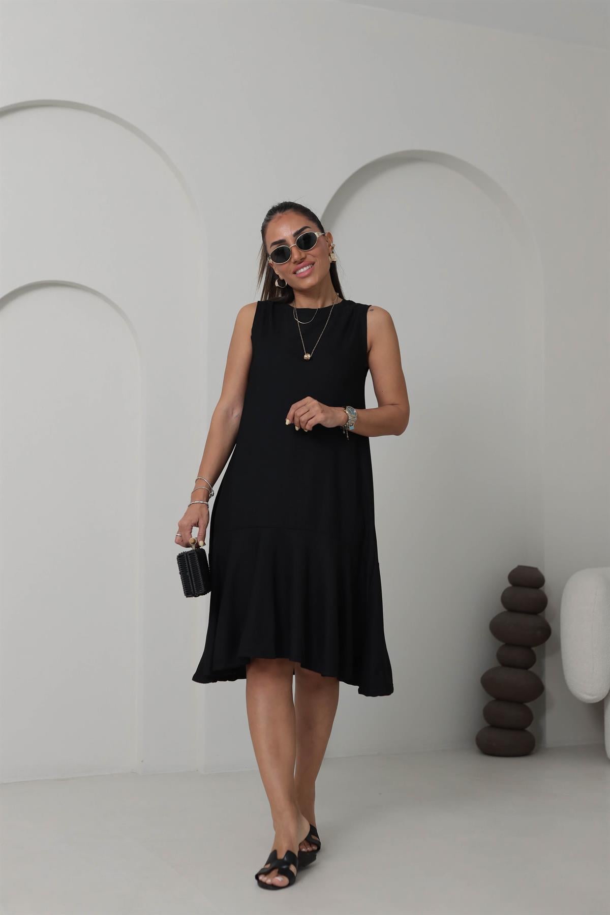 A9901 Eteği Volanlı Kolsuz Elbise SİYAH