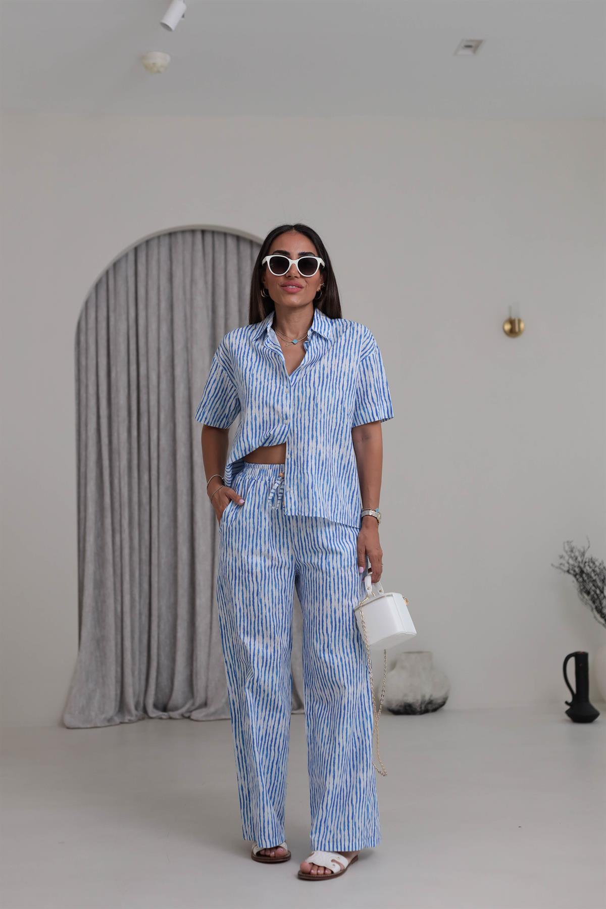 3462 Çizgi Desen Gömlekli Pantolon Takım MAVİBEYAZ