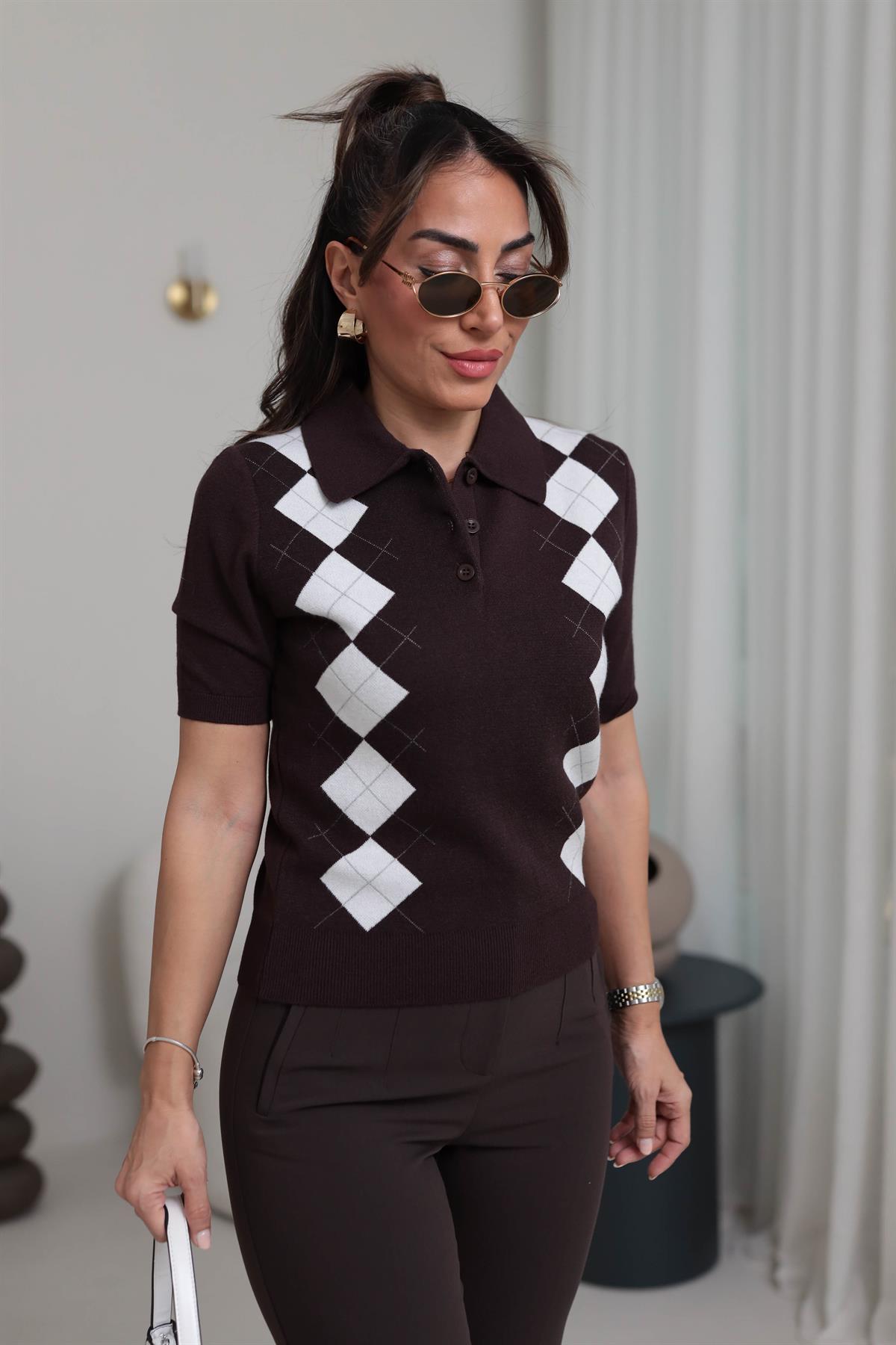 Baklava Desen Polo Yaka Kısa Kol Triko KAHVE