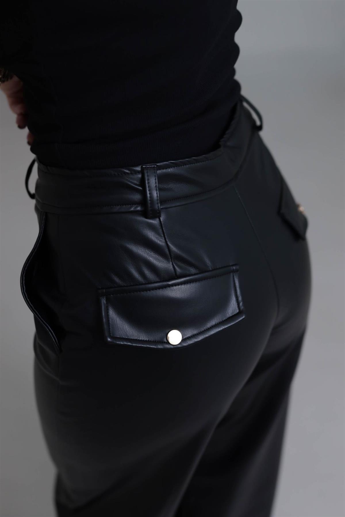 0625 Gold Düğmeli Palazzo Paça Deri Pantolon SİYAH