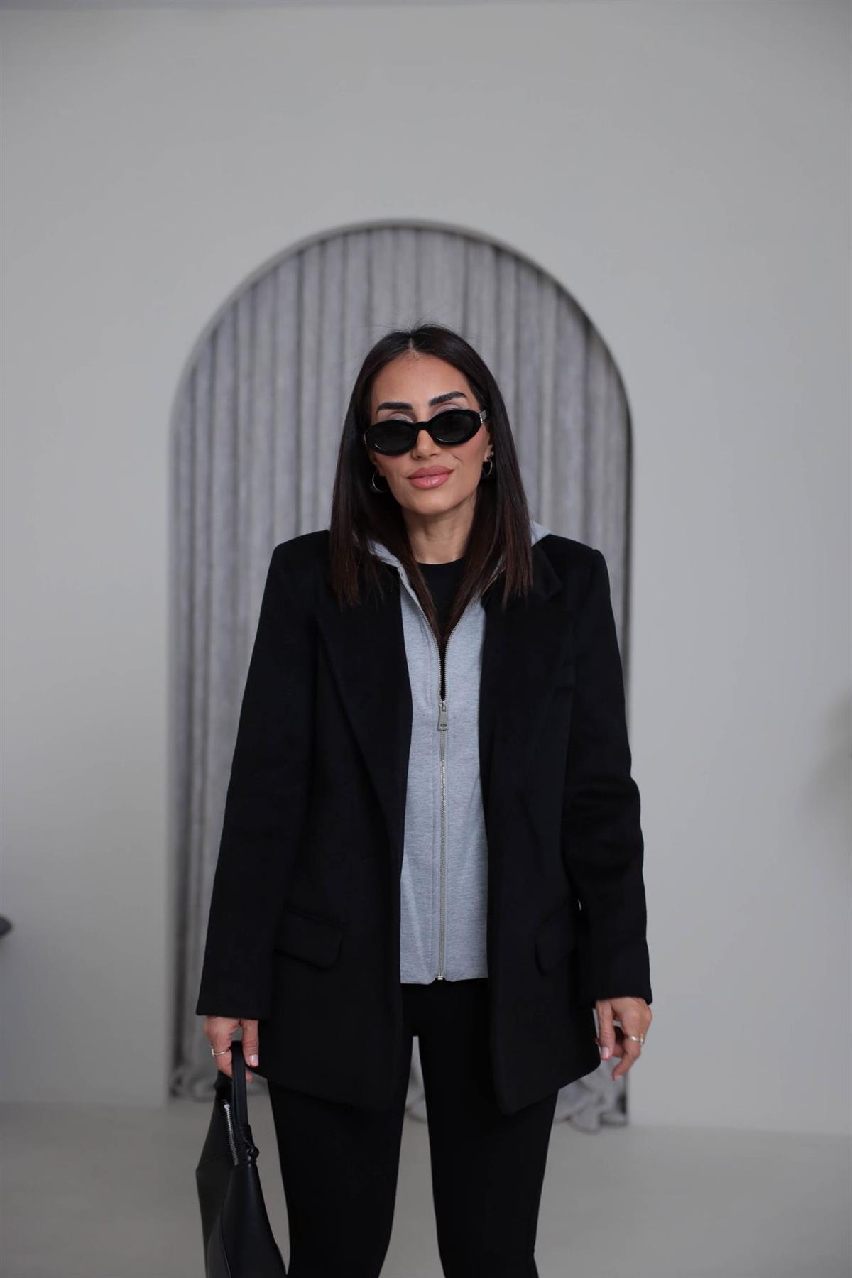 8733K Penye Kapşonlu Kaşe Ceket SİYAH