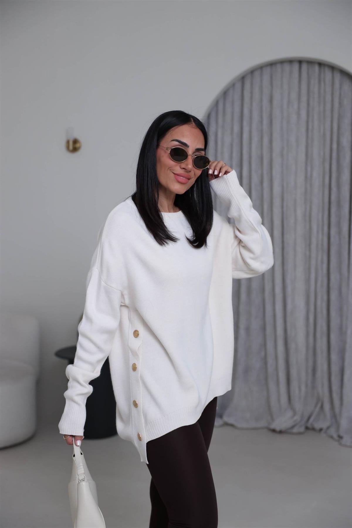 0184K Yanları Gold Düğmeli Uzun Triko Kazak EKRU