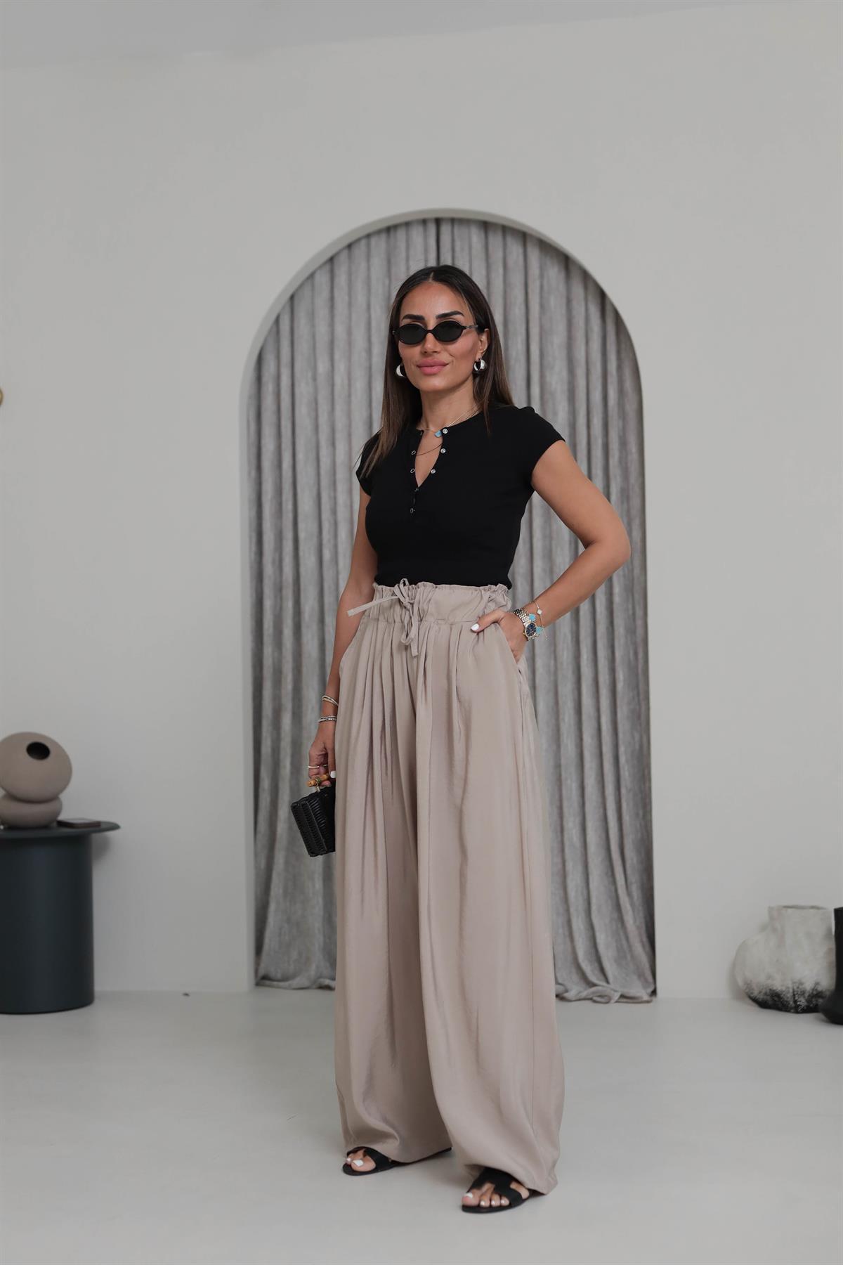 0165 Yüksek Bel Lastikli Bol Paça Tencel  Pantolon BEJ