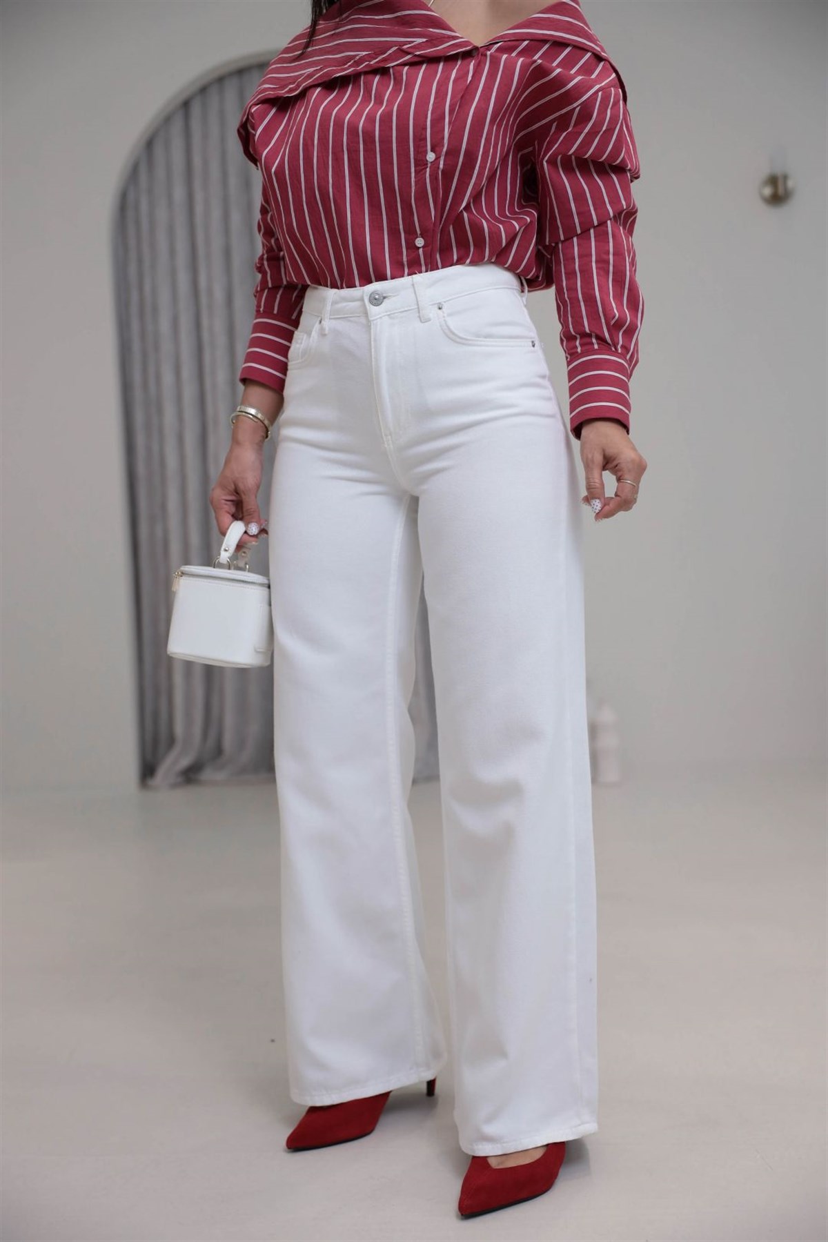 1480 Yüksek Bel Full Soft Doku Jean BEYAZ