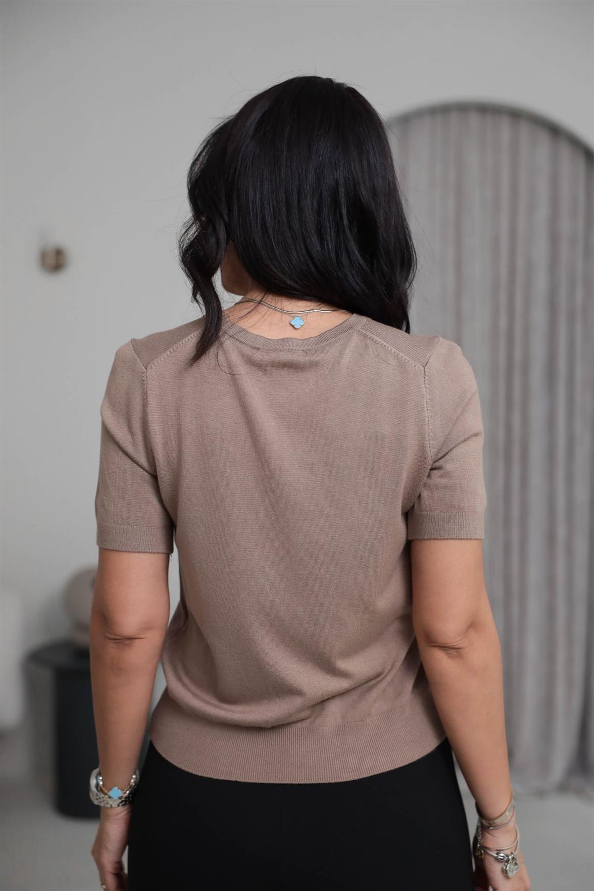 0779 Bisiklet Yaka Kısa Kol Basic Triko Bluz VİZON