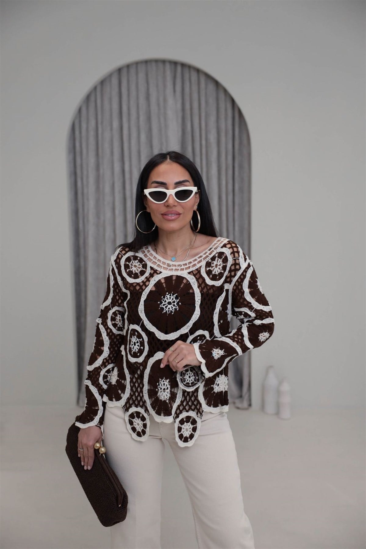 4087 Desenli Örme Yazlık Triko KAHVE