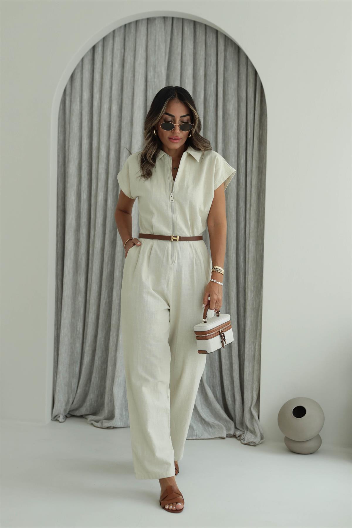 1310 Önden Fermuarlı Keten Tulum