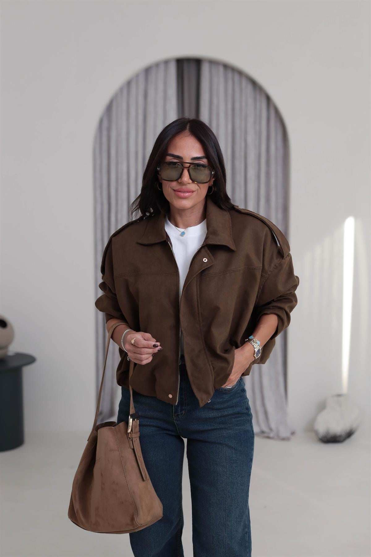 0493 Gömlek Yaka Apoletli Süet Bomber KAHVE