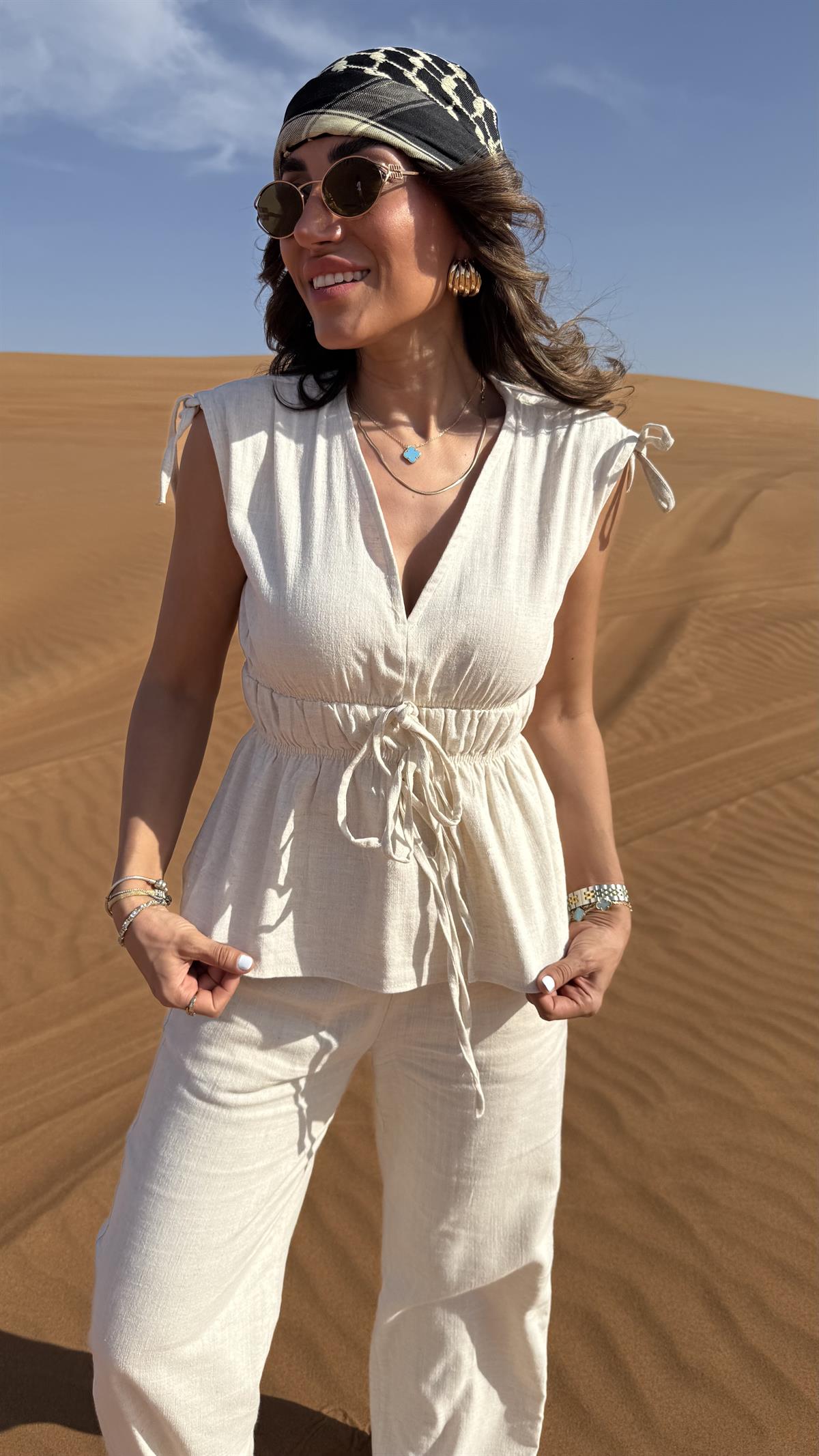 DXB Büzgü Detaylı Bel Lastikli Keten Takım TAŞ