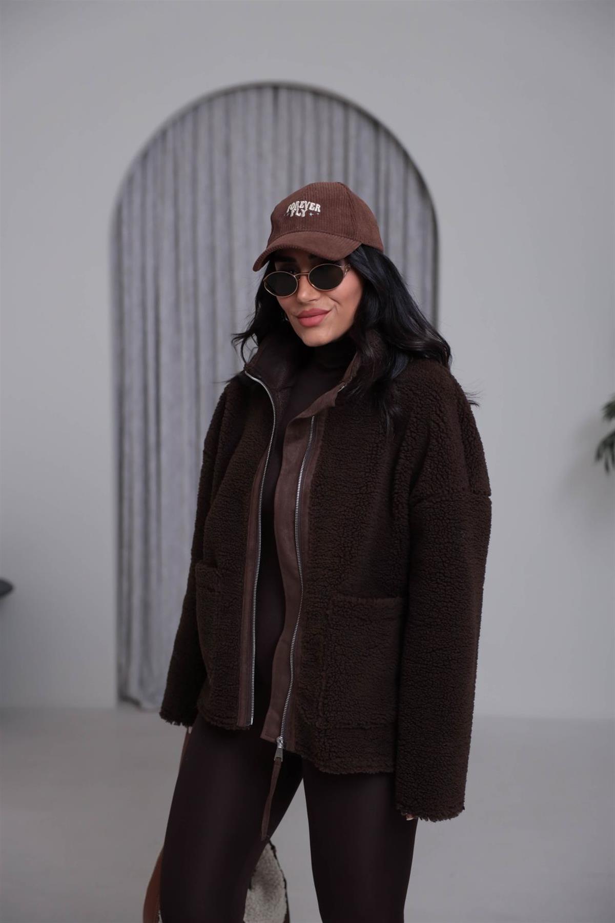 2895 Dik Yaka Fermuarlı Teddy Mont KAHVE