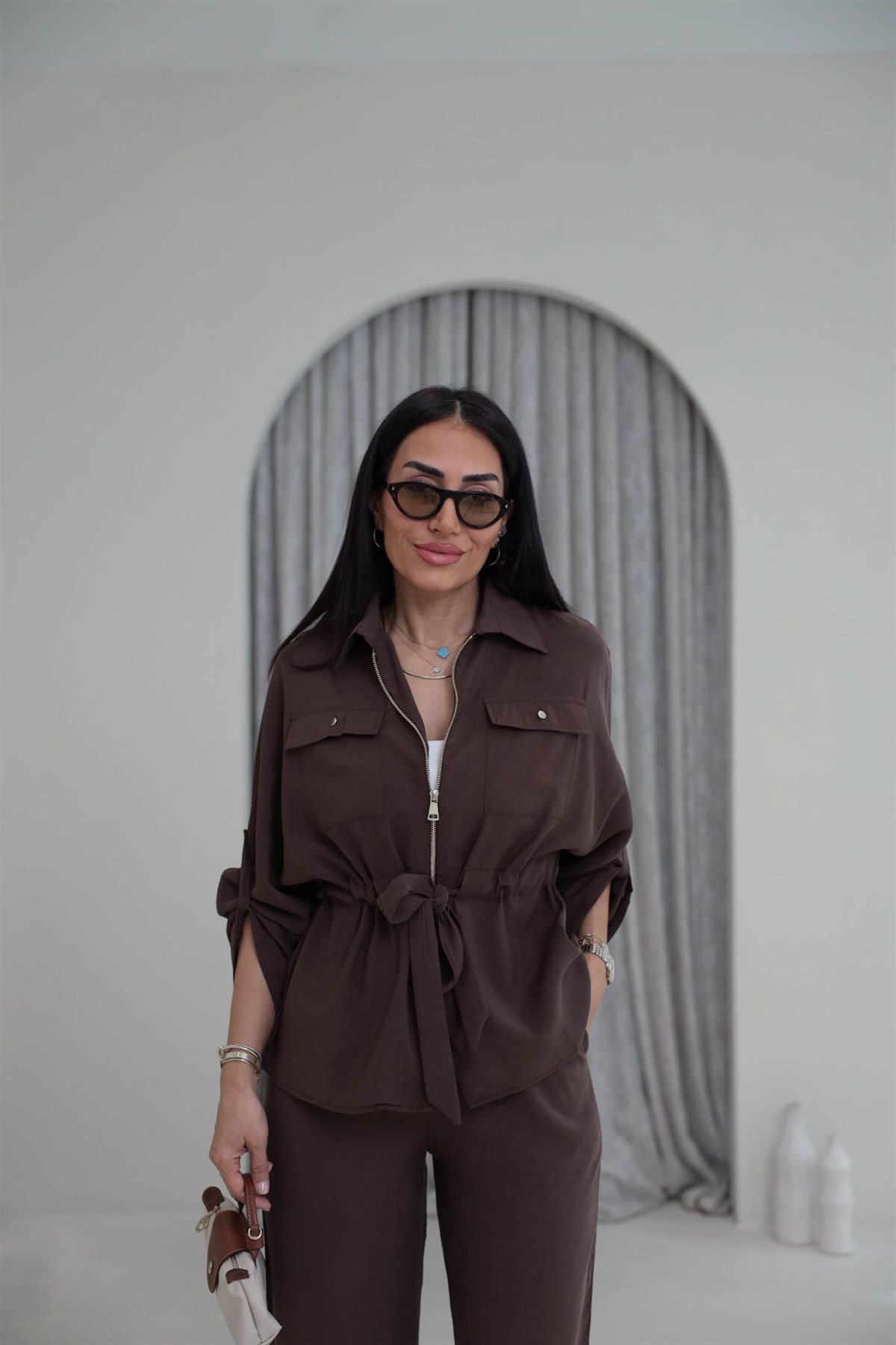 1003 Cep Kapaklı Fermuarlı Bel Büzgülü Modal Tencel Takım KAHVE