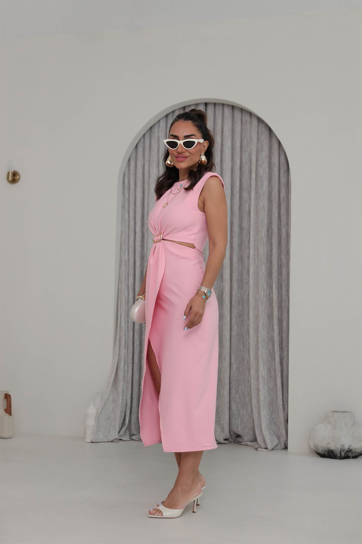 3755 Sıfır Kol  Bel Dekolteli Gold Tokalı Midi Elbise PEMBE