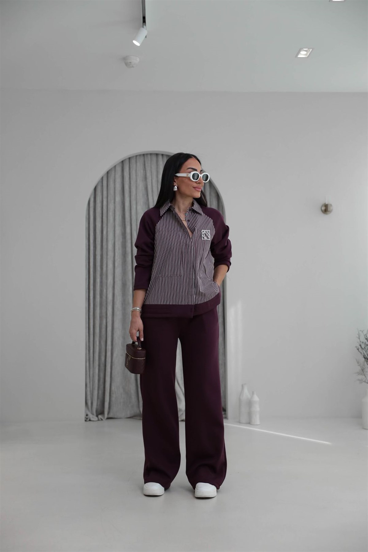 7145 Broşlu Gömlek Mixli Modal Takım BORDO