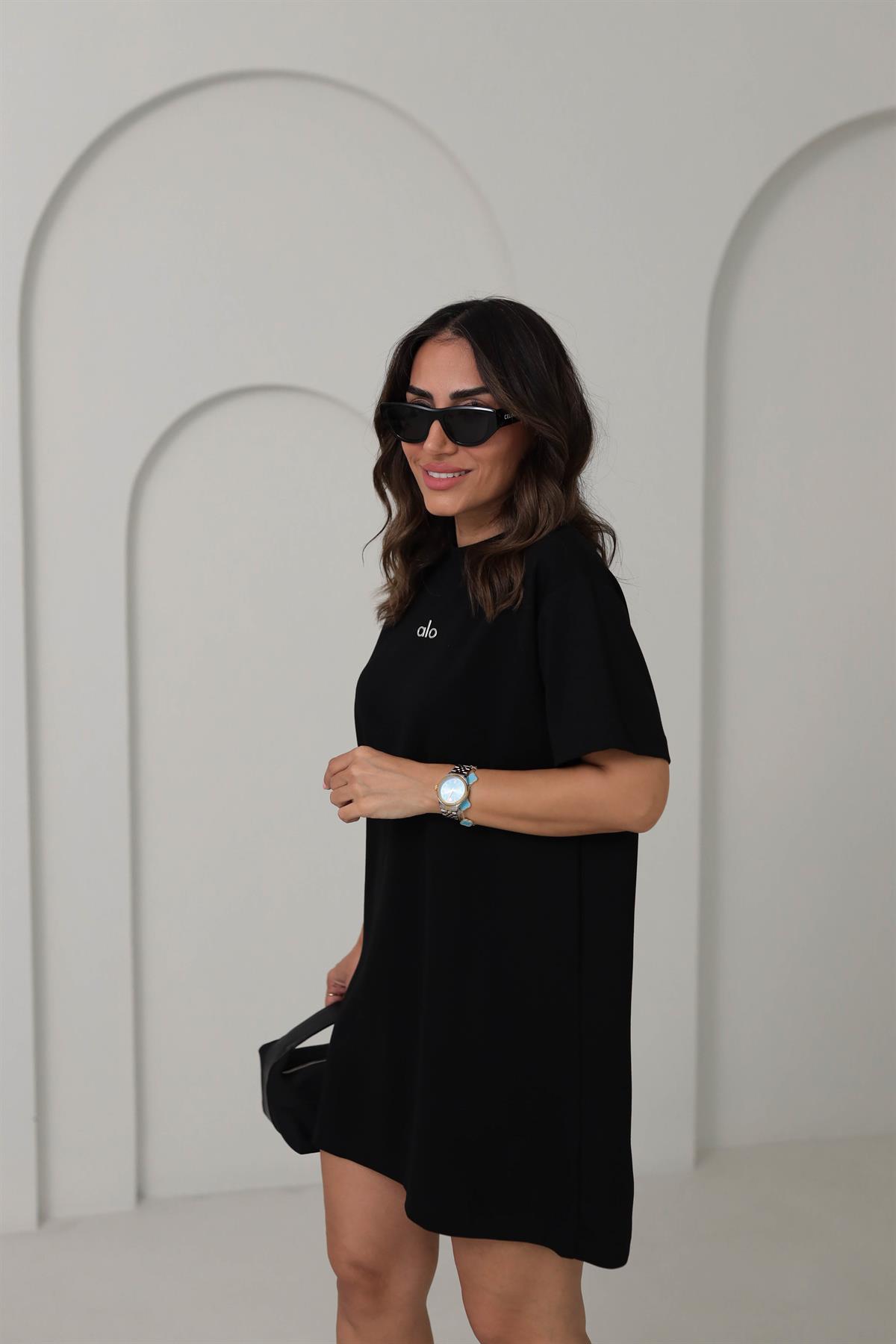 1570 Baskılı Modal Kumaş Rahat Kalıp Elbise SİYAH