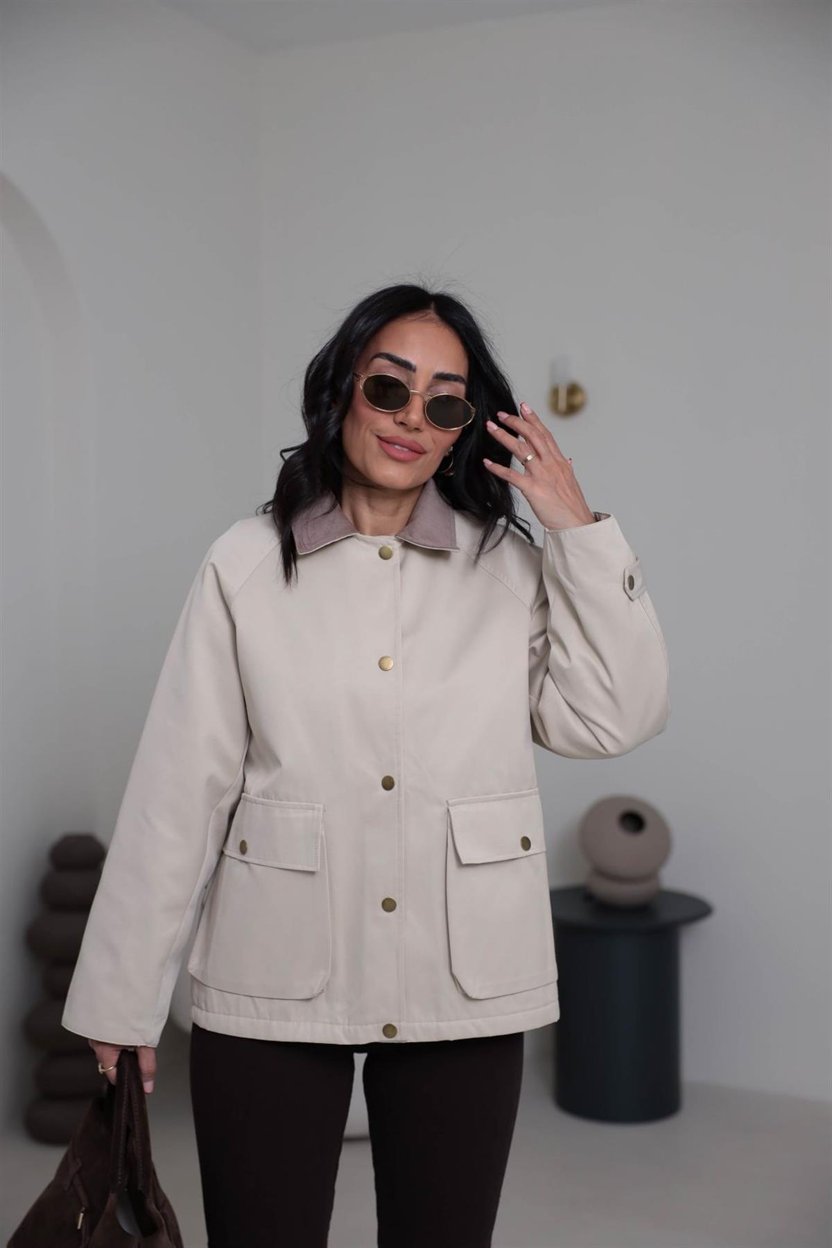 0213 Kadife Yakalı Trençkot KREM