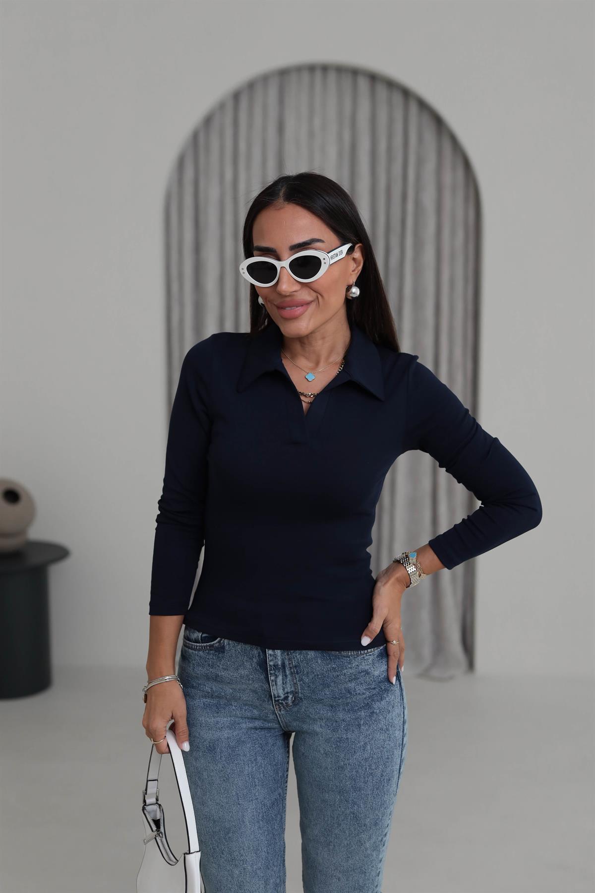 0626 Polo Yaka Uzun Kol Likralı Bluz LACİVERT