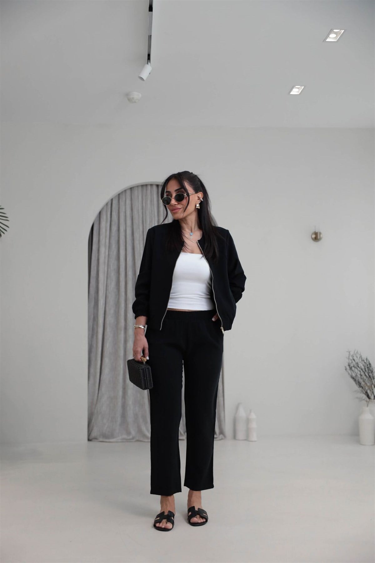 7132 Fermuarlı Tok Tencel Ceket Pantolon Takım SİYAH