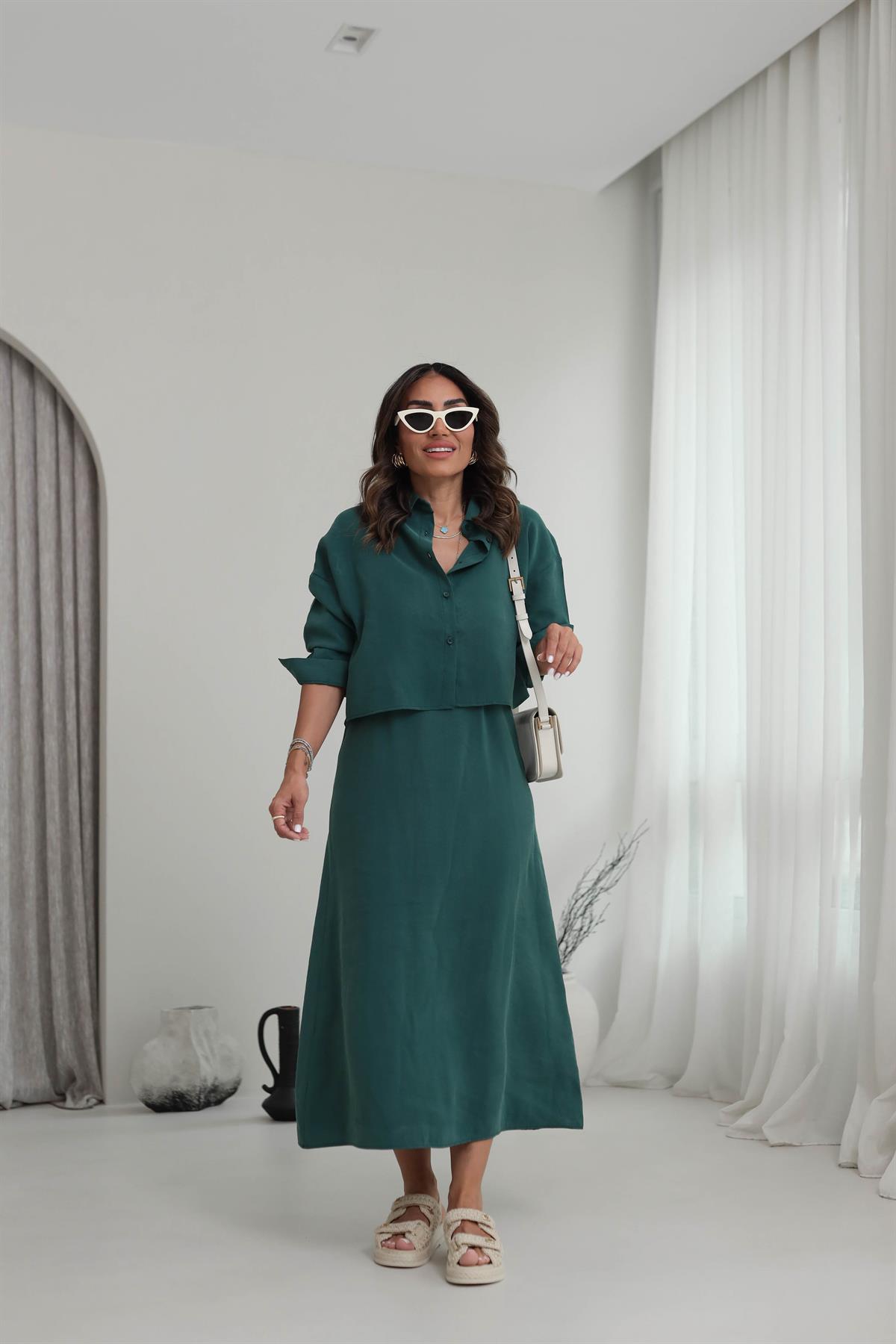 1153 Tencel Gömlek & Elbise Takım KOYU YEŞİL