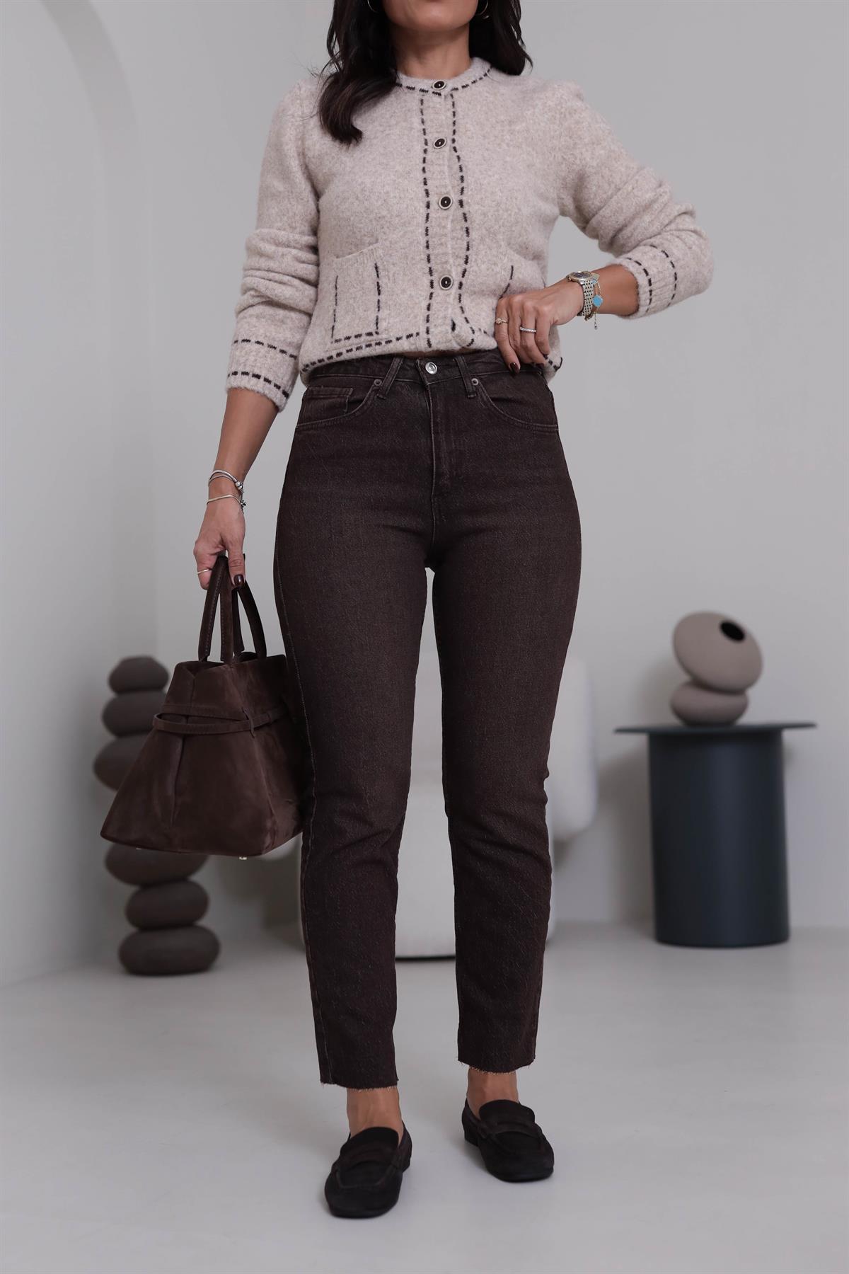 Za Lazer Kesikli Taşlama Kahve Boyfit  Jean ACI KAHVE