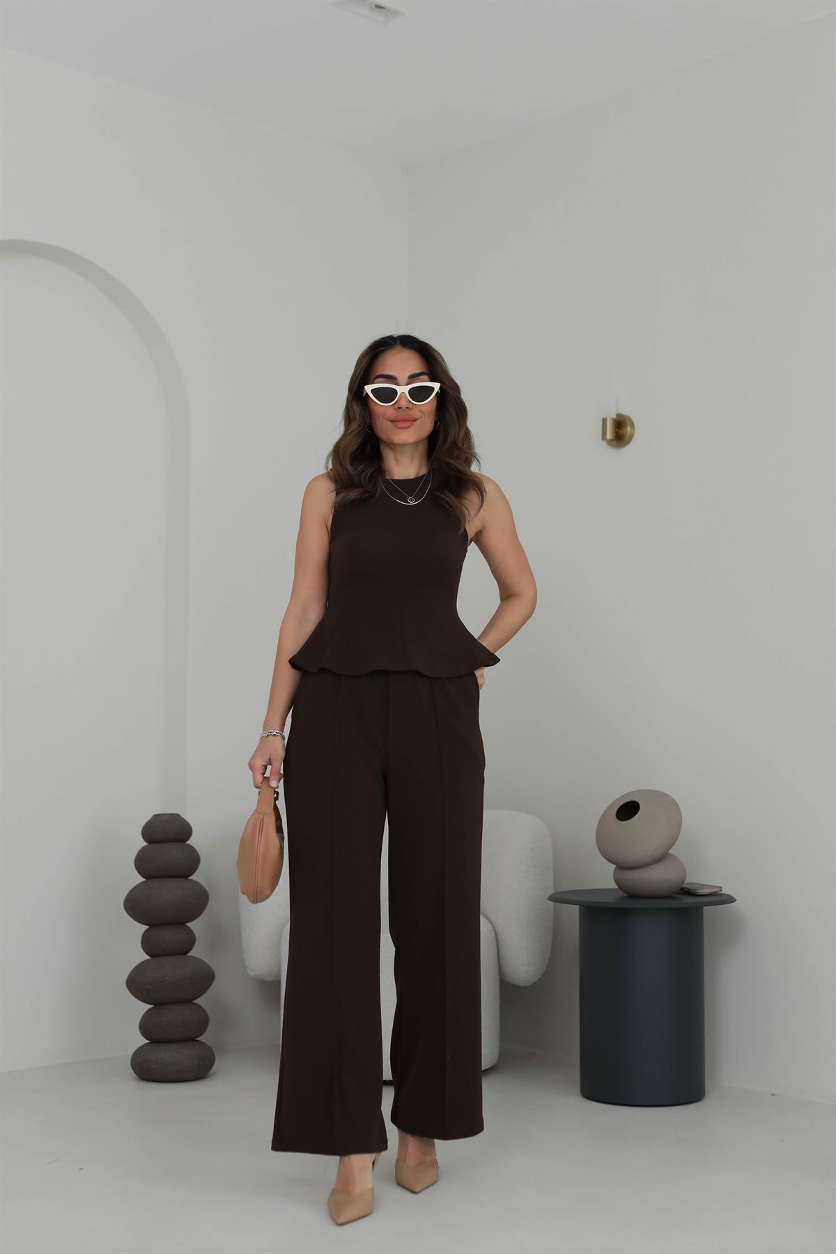 7169 Sıfır Kol Örme Bluz Pantolon Takım KAHVE