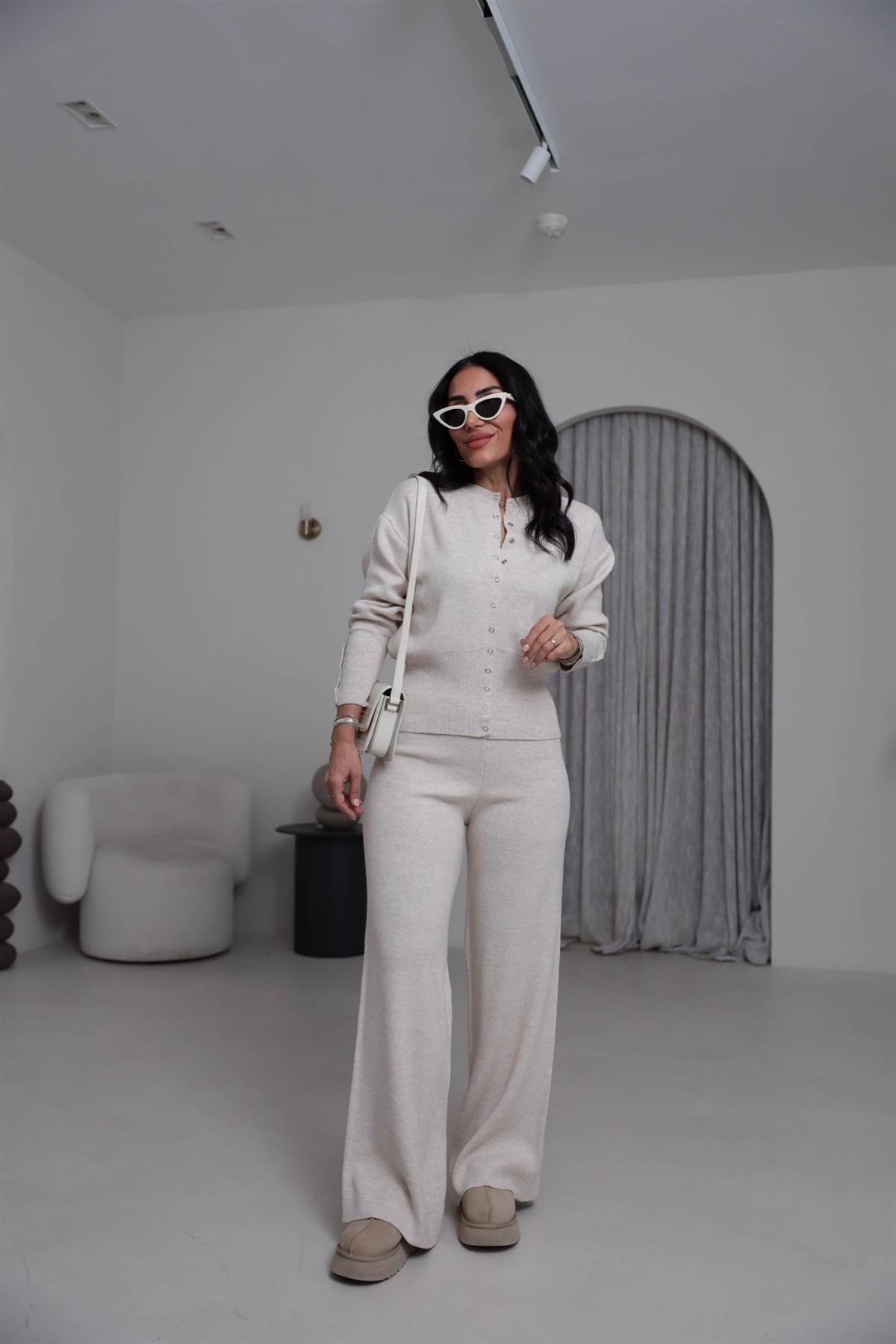 0129 Bisiklet Yaka Çıtçıt Detaylı Triko Takım TAŞ