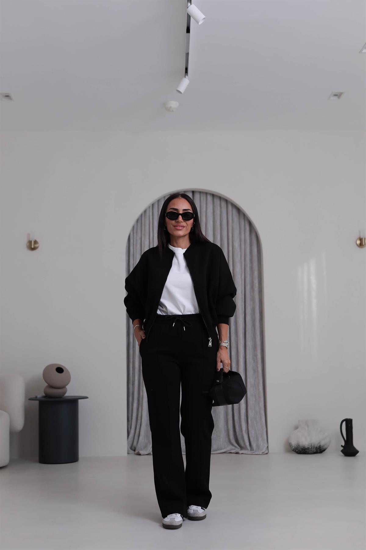 7085 Viral Bomber Ceketli 3 İplik Şardonlu Takım SİYAH