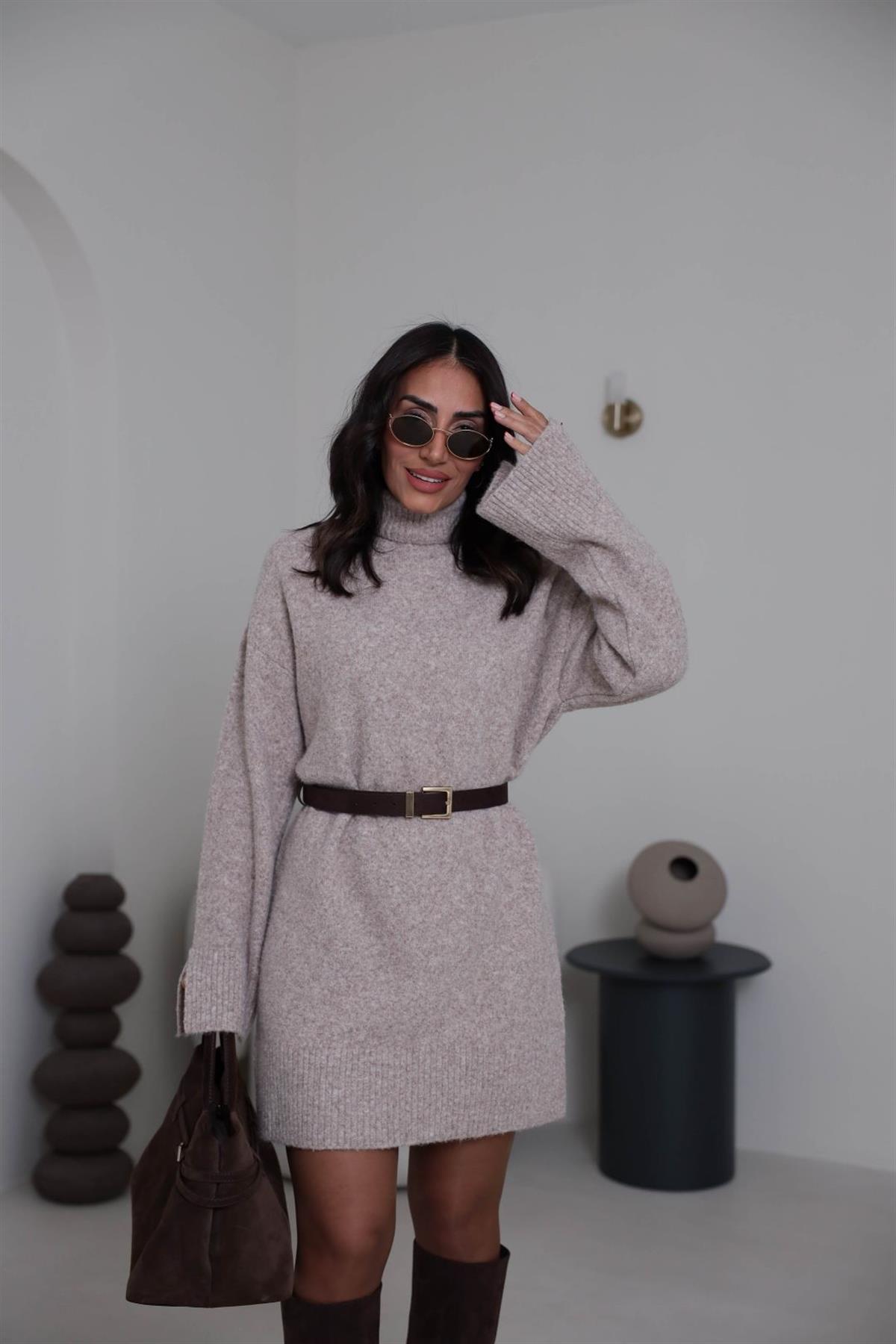 90265 Balıkçı Yaka Yumoş Triko Elbise VİZON