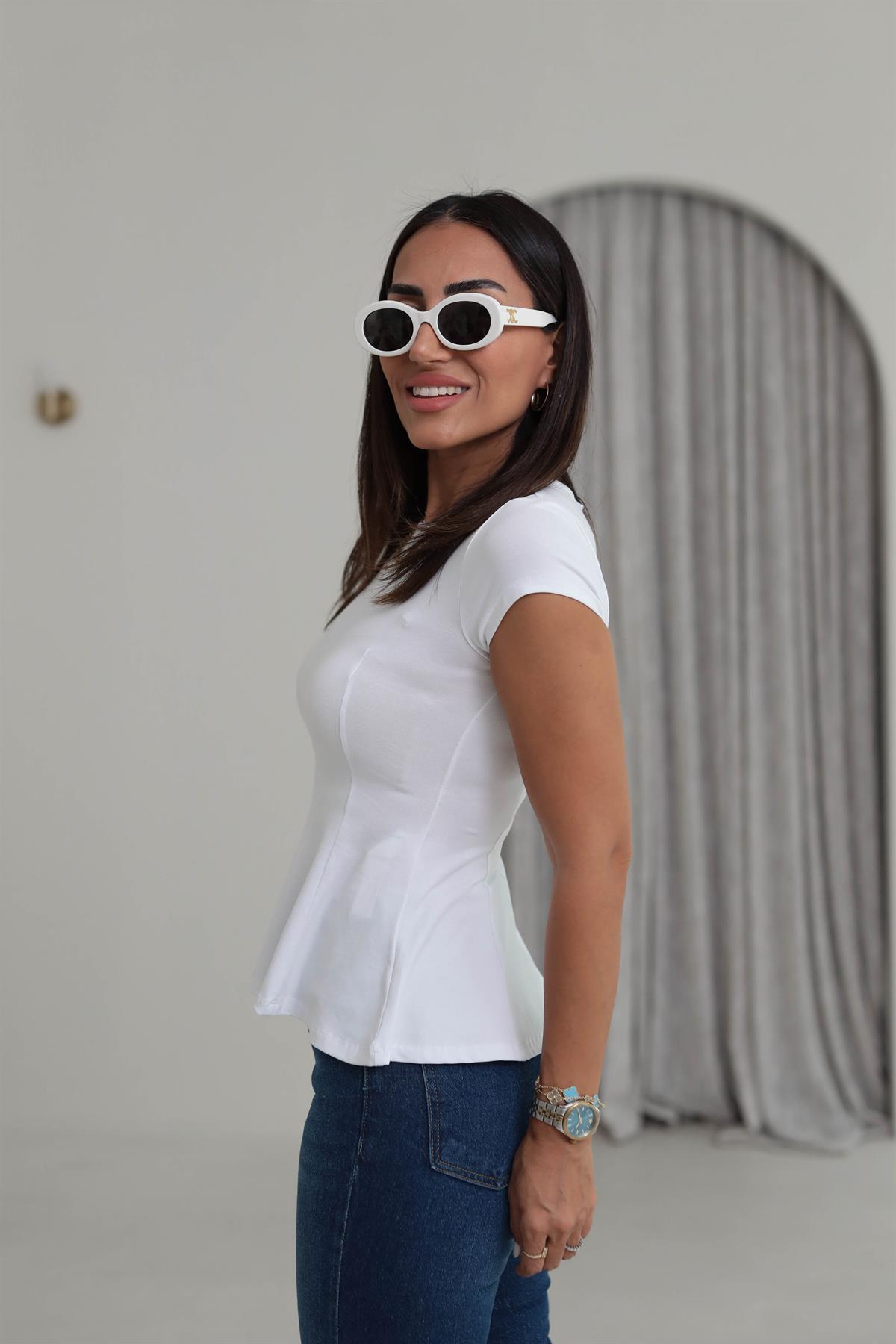 1992 Bisiklet Yaka Kısa Kol Peplum Tshirt BEYAZ