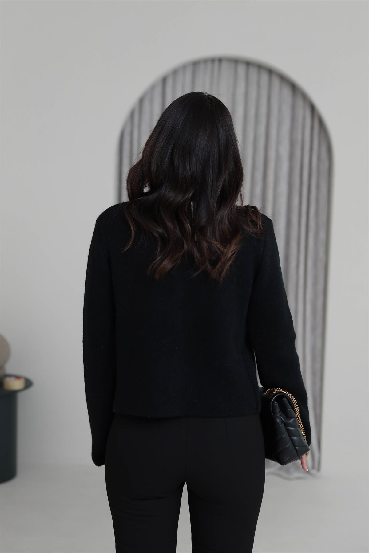 0006 Gold Düğme Detaylı Kalın Doku Hırka SİYAH