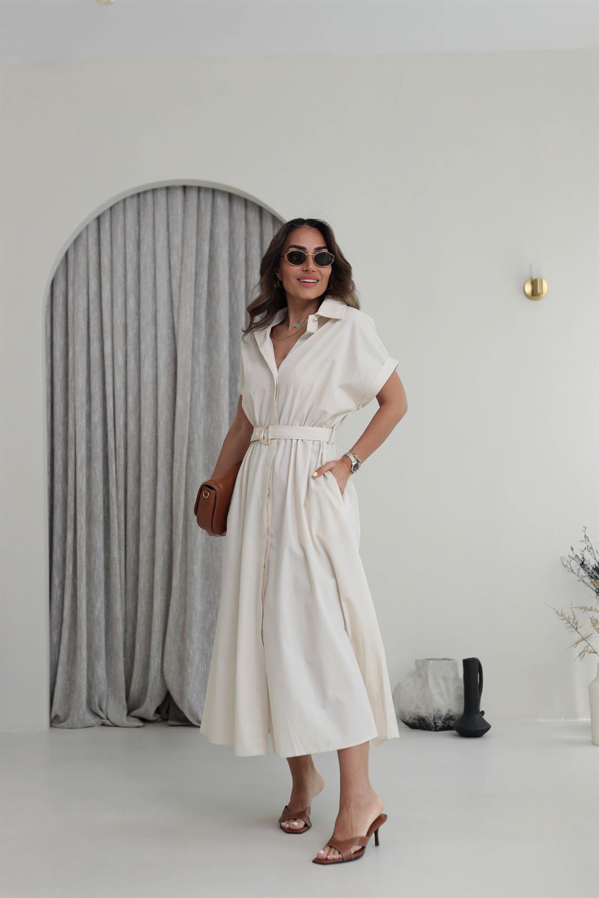 02075 Kısa Kol Kemerli Gömlek Elbise TAŞ