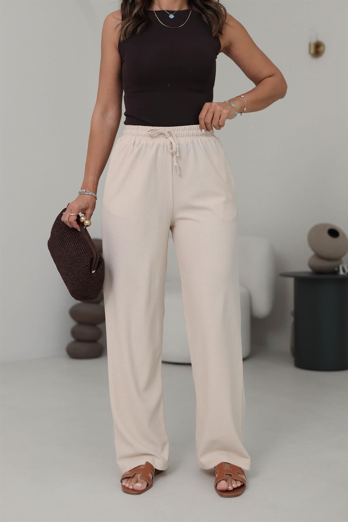 0104 Bol Paça Beli Lastikli Örme Pantolon PUDRA