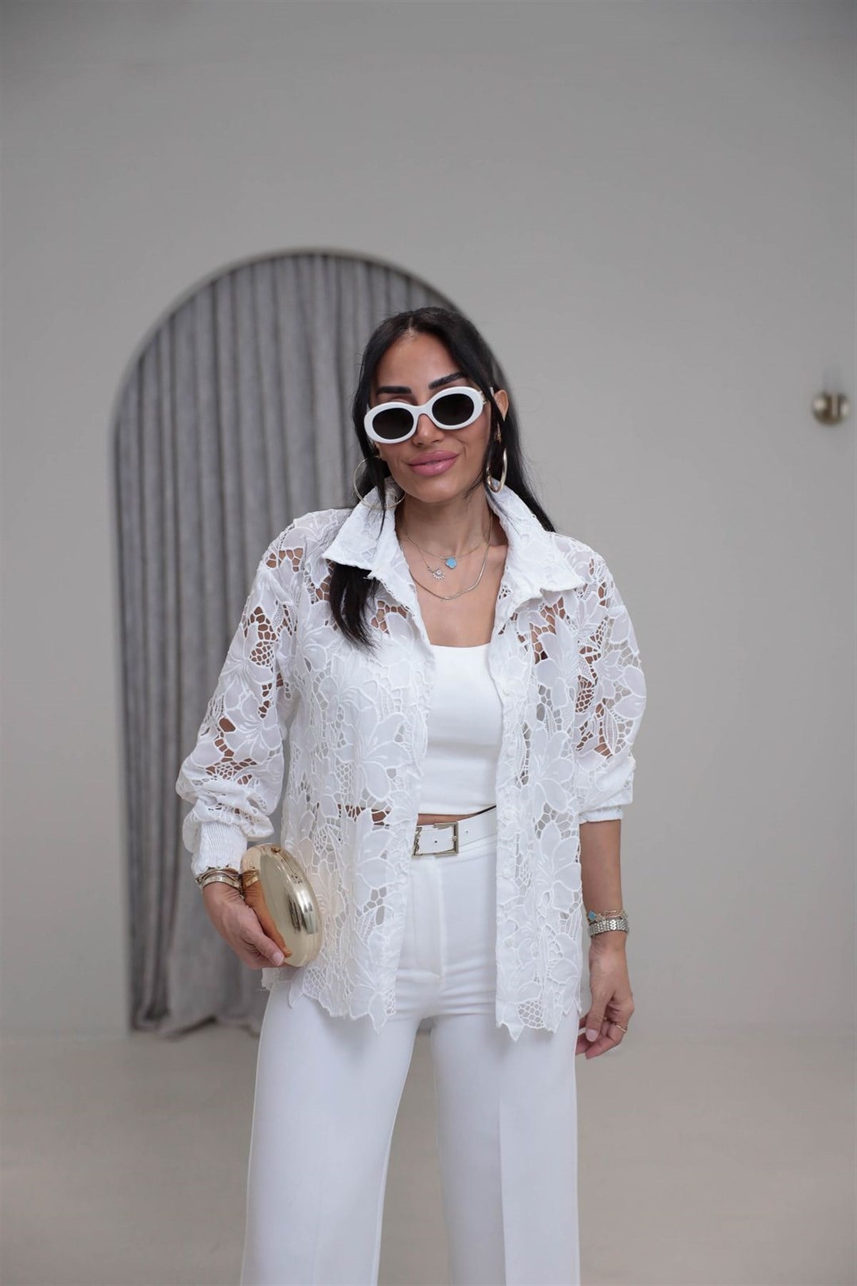 Kol Lastik Detaylı Güpürlü Gömlek BEYAZ