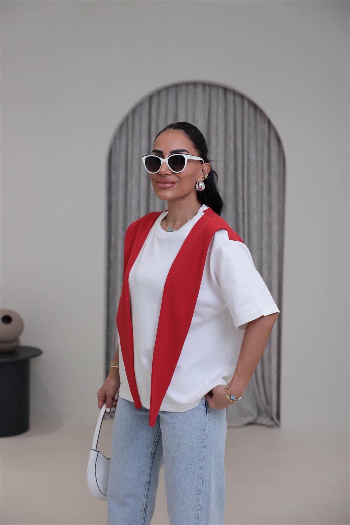 0688 Şal Detaylı Pamuklu Tshirt KIRMIZI