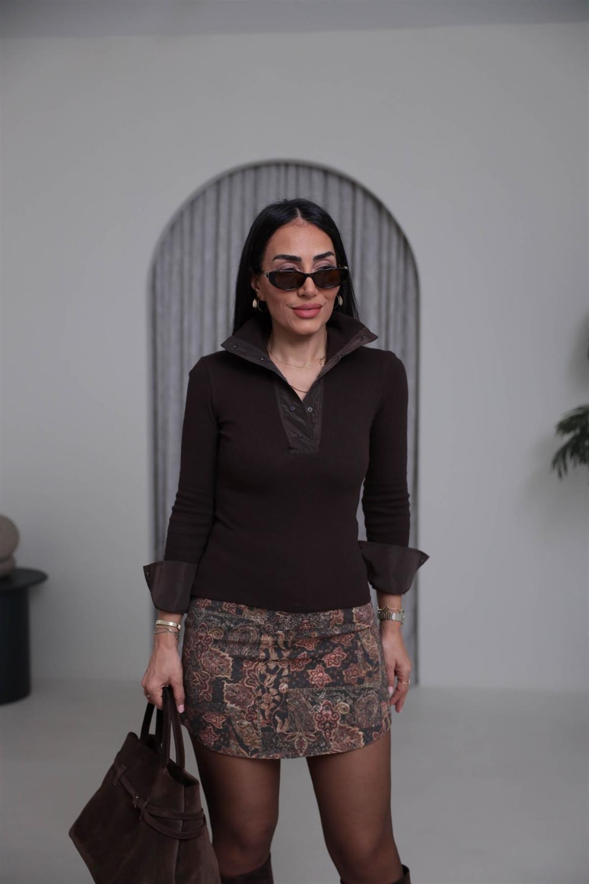 7009 Paraşüt Garnili Çıtçıtlı Triko Bluz ACI KAHVE