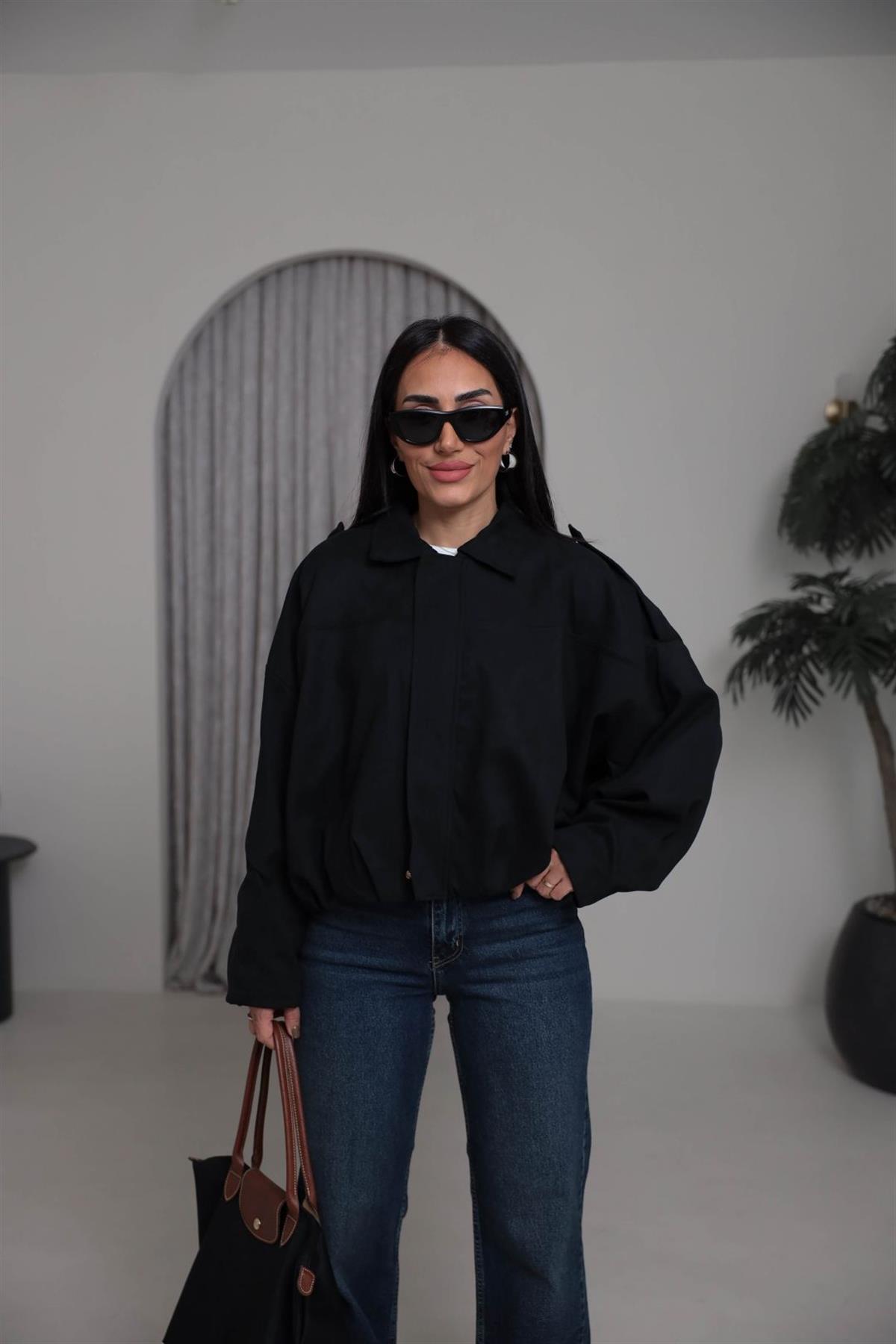 0493 Gömlek Yaka Apoletli Süet Bomber SİYAH