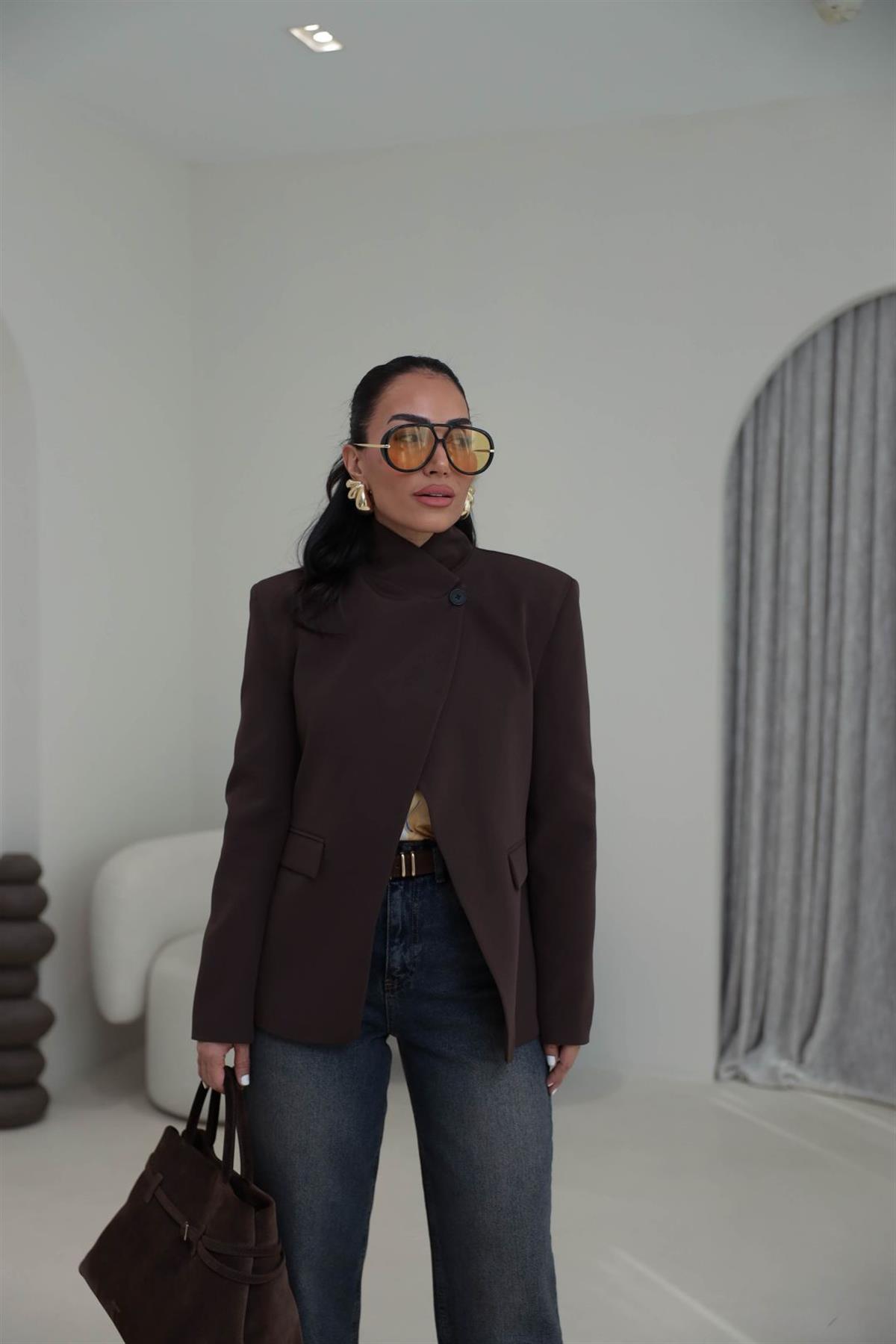 2330 Dik Yaka Düğmeli Blazer Ceket KAHVE
