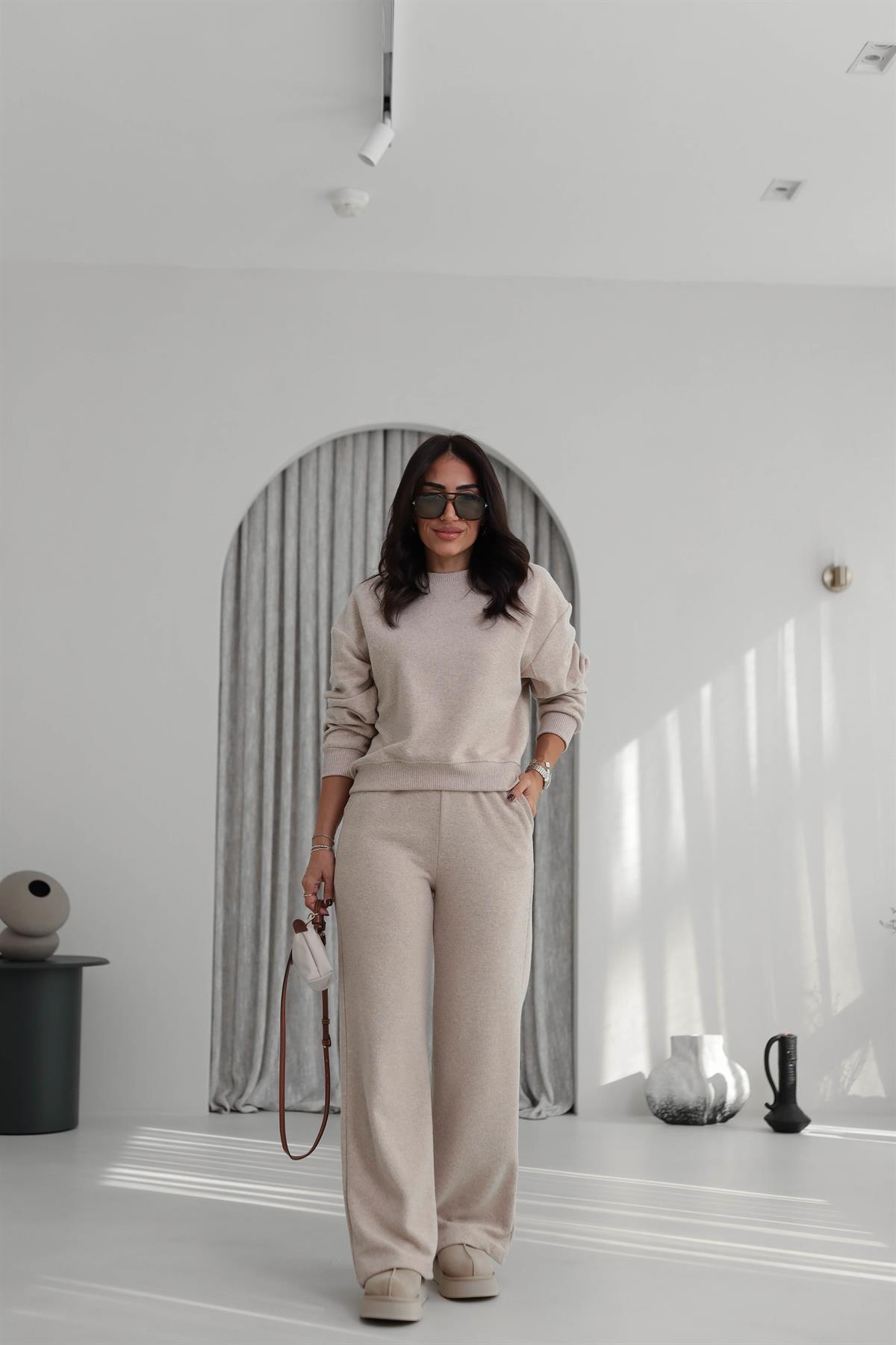 5231 Bisiklet Yaka Ribanalı Selanik Kumaş Takım BEJ