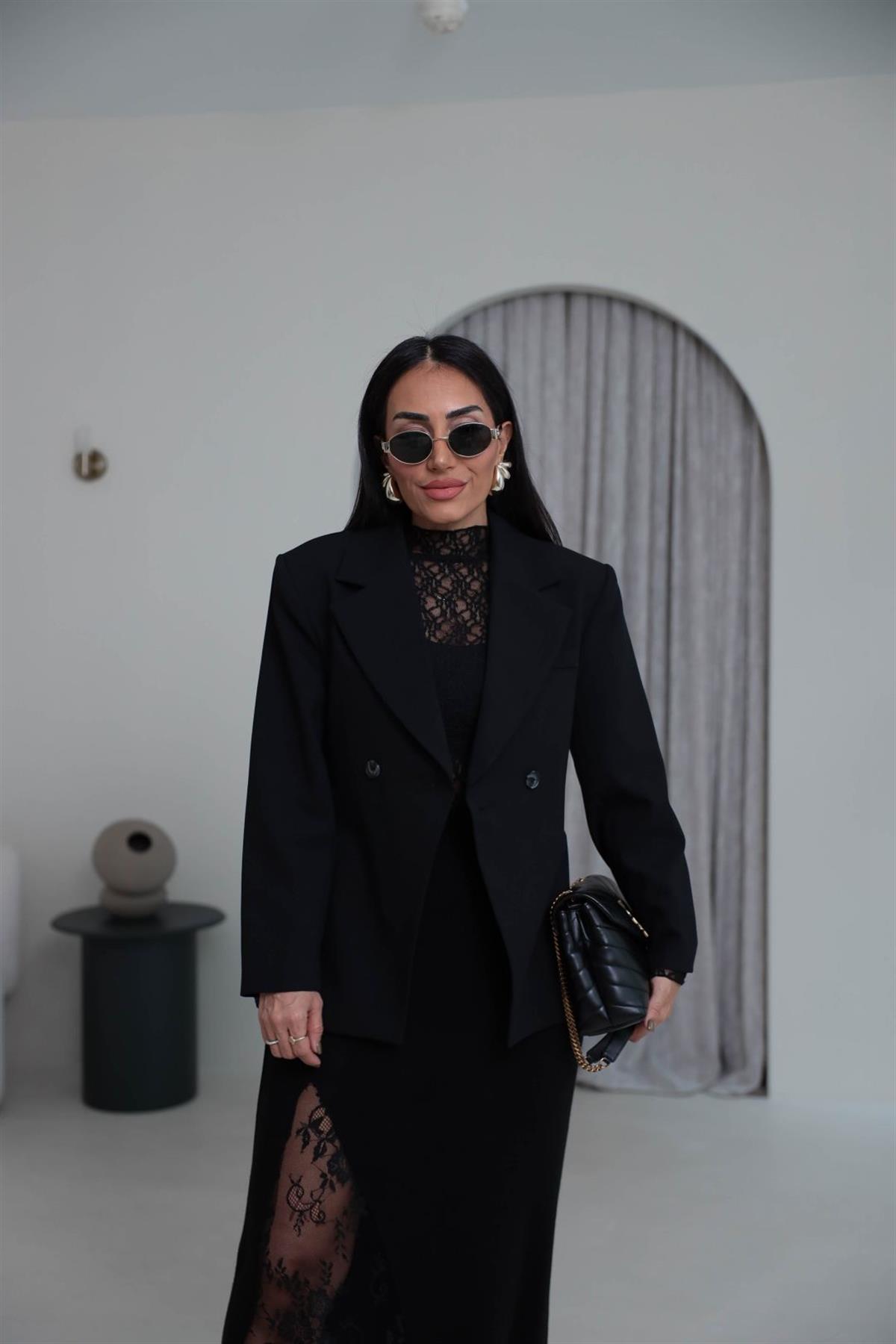 7685 Kruvaze Belden Oturtmalı Blazer Ceket SİYAH