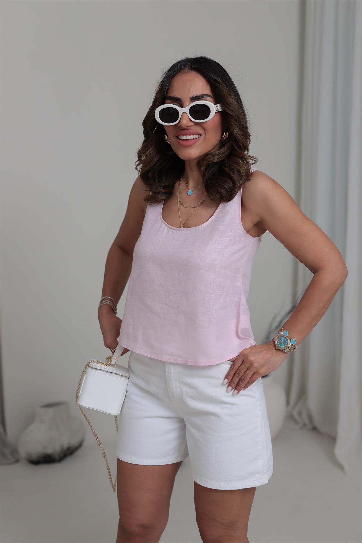 7328 Kalın Askılı Dökümlü Keten Atlet PEMBE