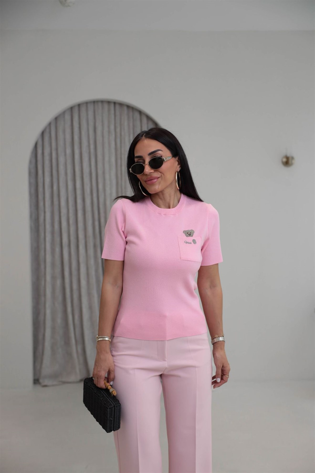 0640 Cebi Ayıcıklı Rayon Kumaş Bluz PEMBE