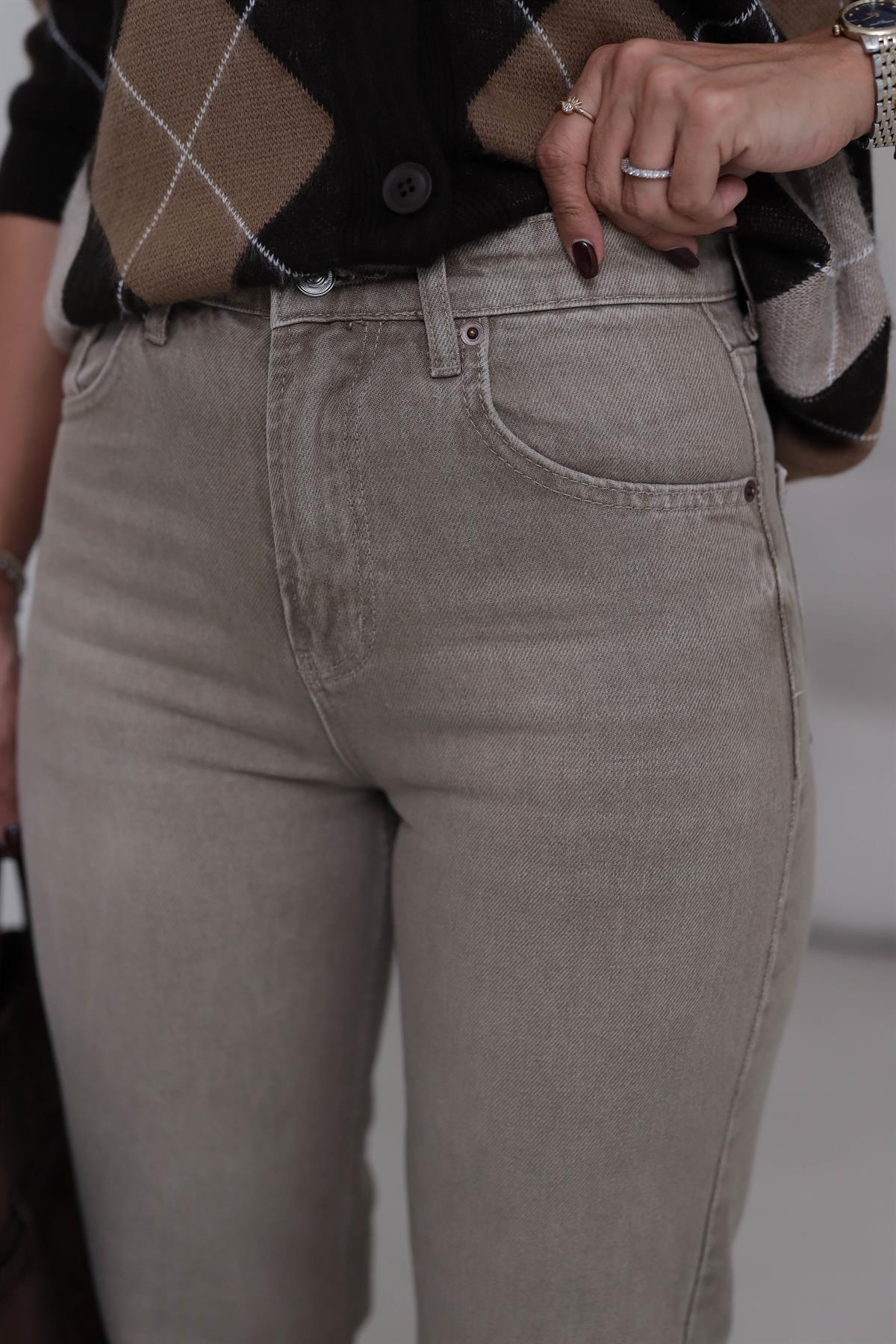 Za Yüksek Bel Palazzo Jean Taşlamalı Bej