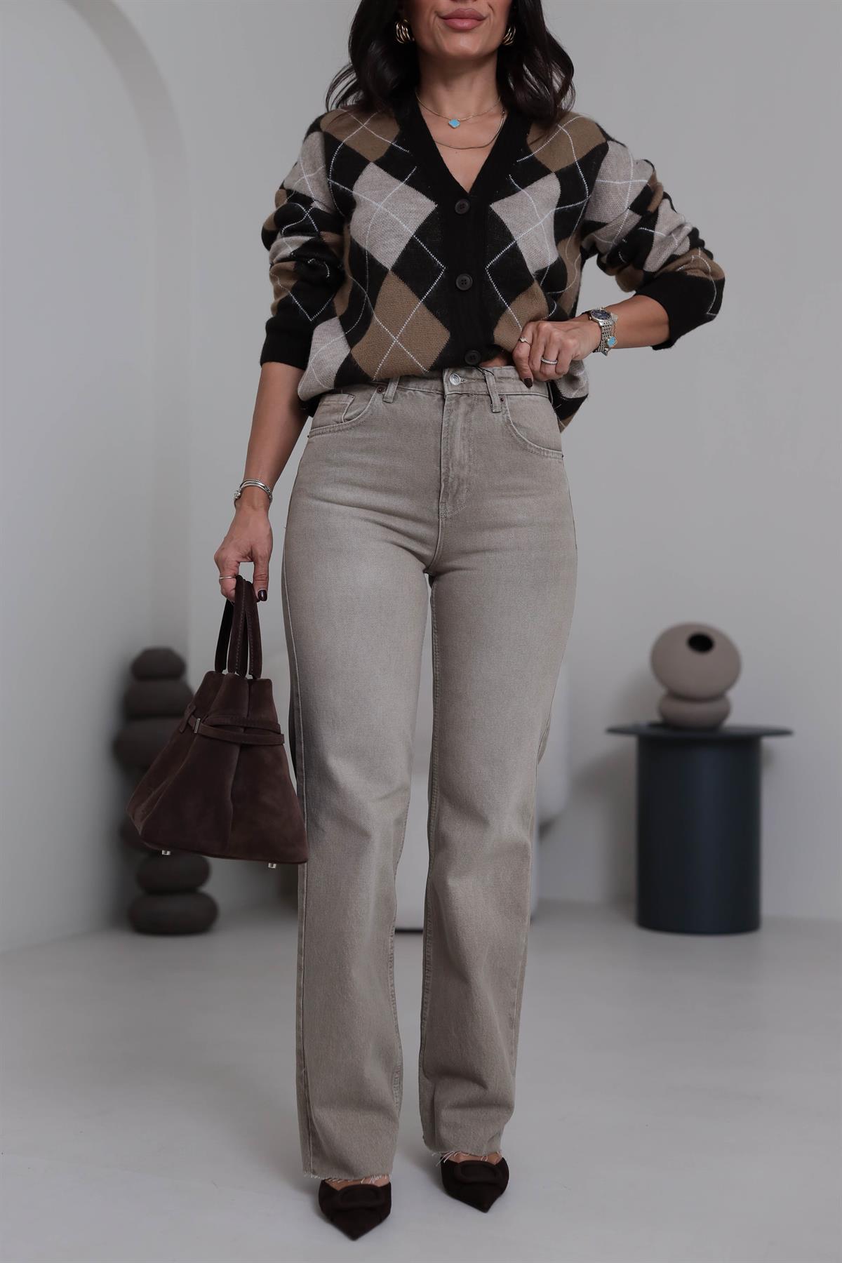 Za Yüksek Bel Palazzo Jean Taşlamalı Bej