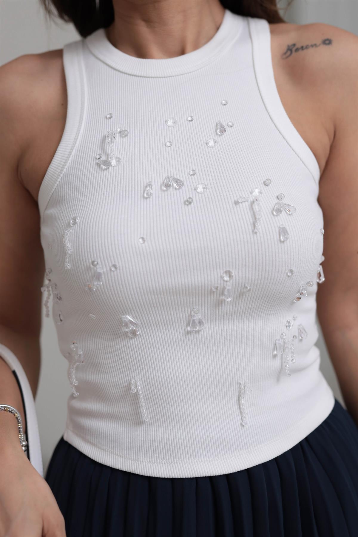 Taş İşlemeli Halter Yaka Fitilli Atlet BEYAZ