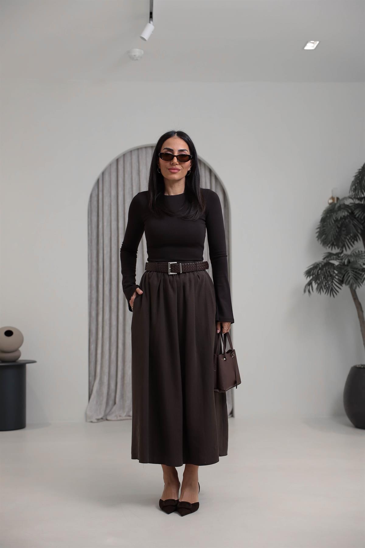 0727 Kemerli Tencel Etek KAHVE