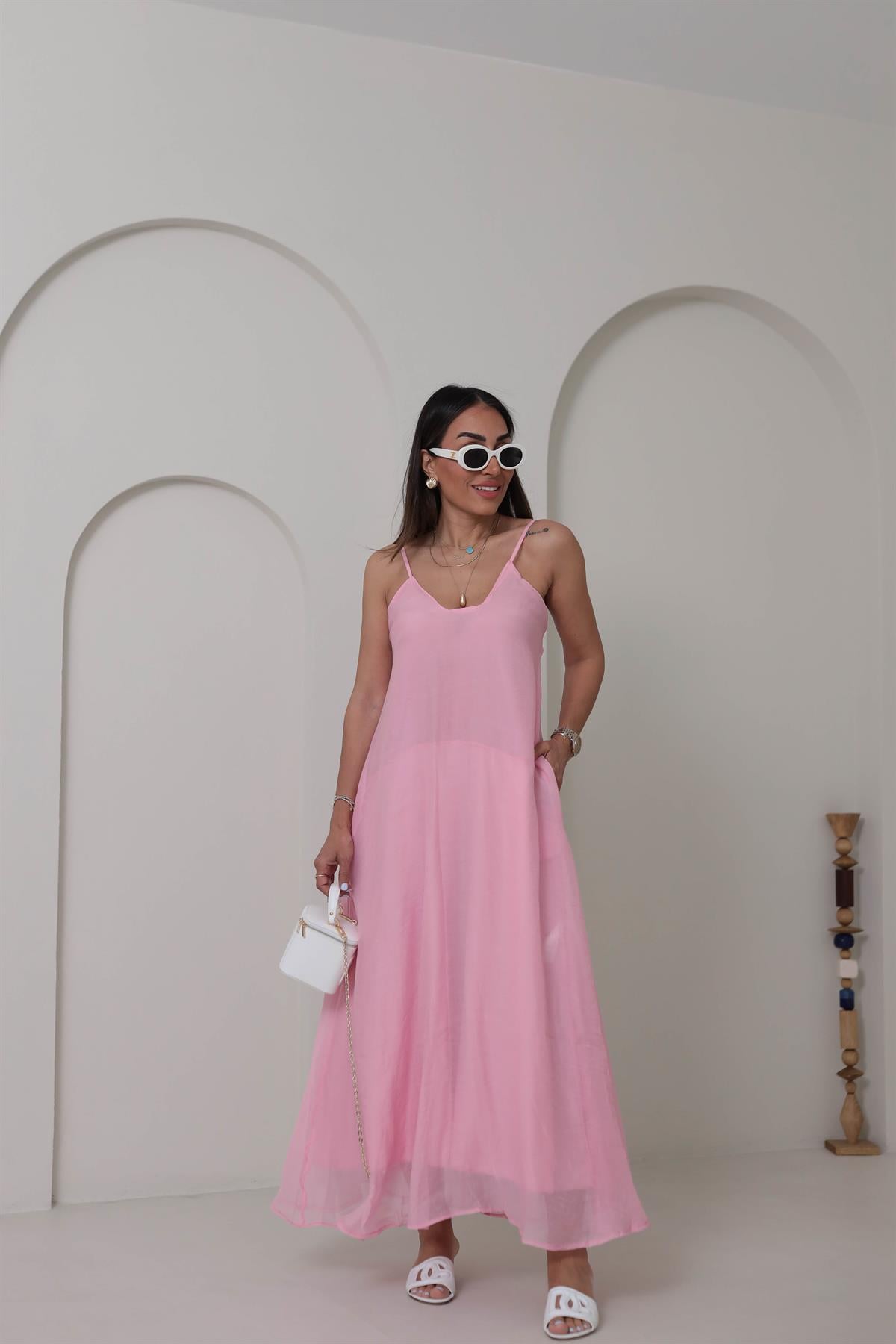 3227 Askılı Kare Yaka Maxi Tencel Elbise PEMBE