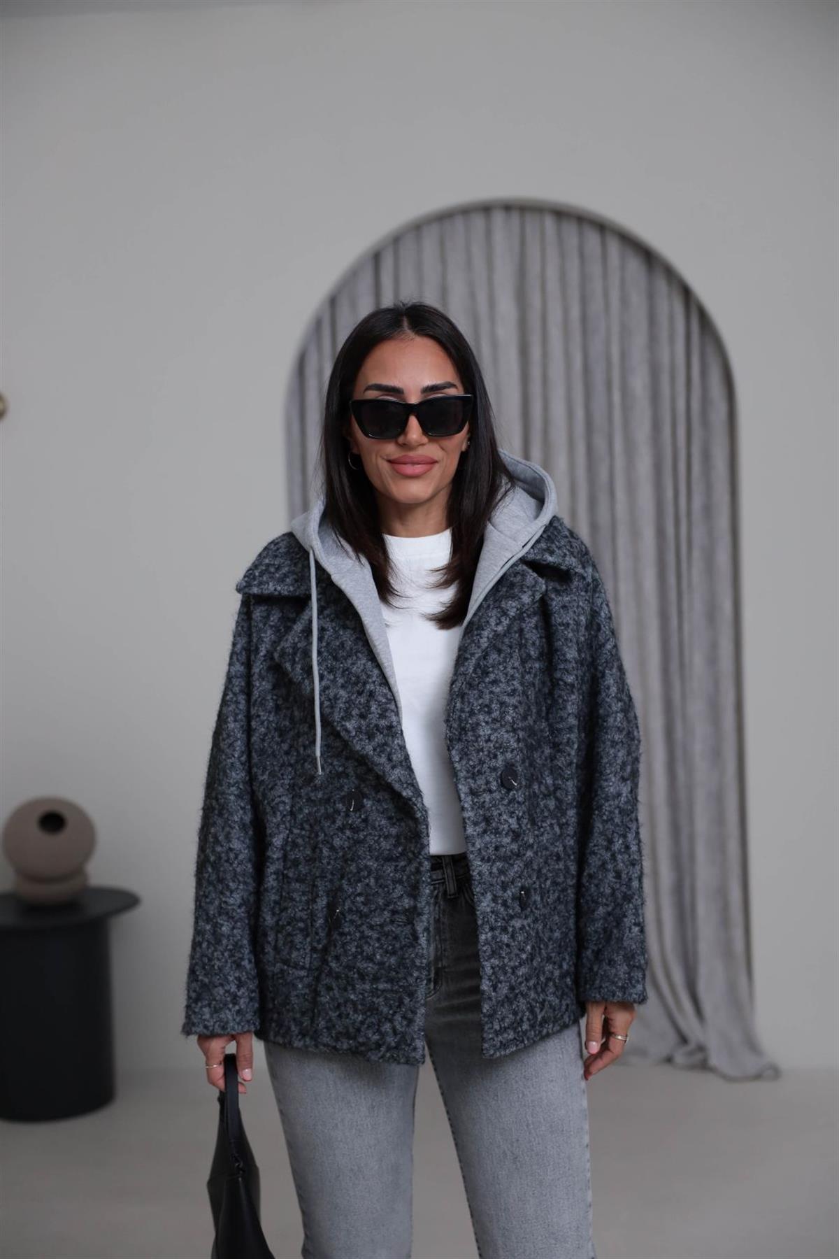 9690 Kapşon Detaylı Buklet Kaban GRİ-GRİ